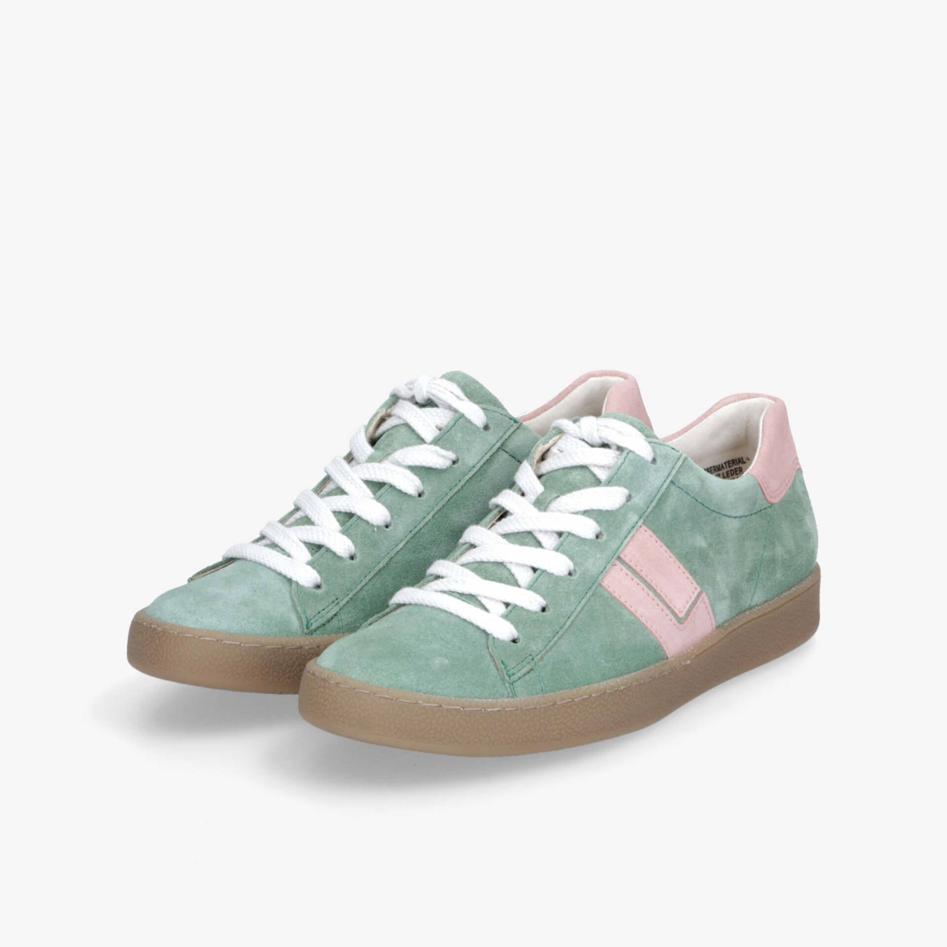 Modische grün-rosa Sneaker im Paar mit weißer Schnürung und rutschfester brauner Sohle, bequem und leicht