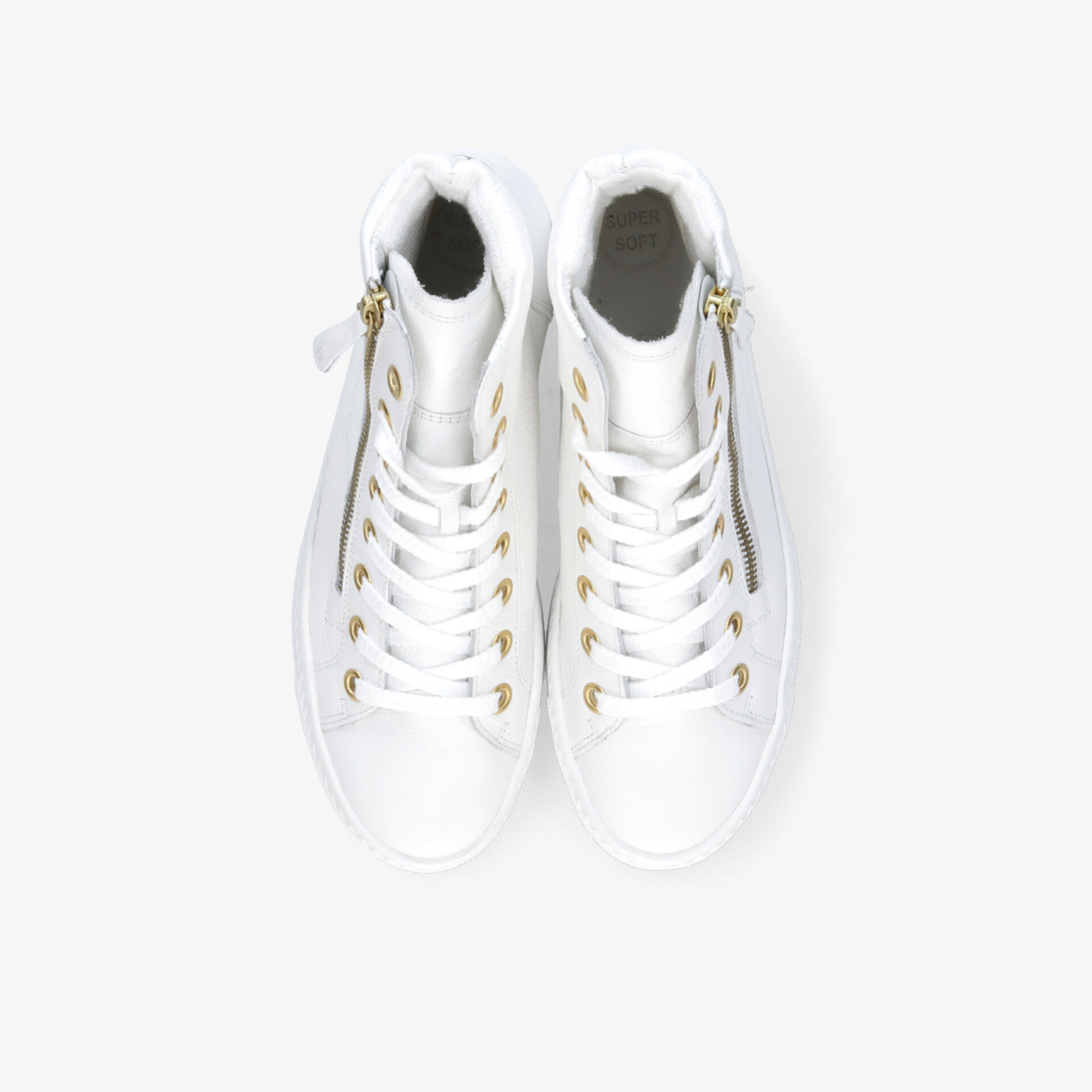 Weiße Sneaker mit hohem Schaft, moderner Schnürung und seitlichem Reißverschluss, bequeme und stylische Schuhe
