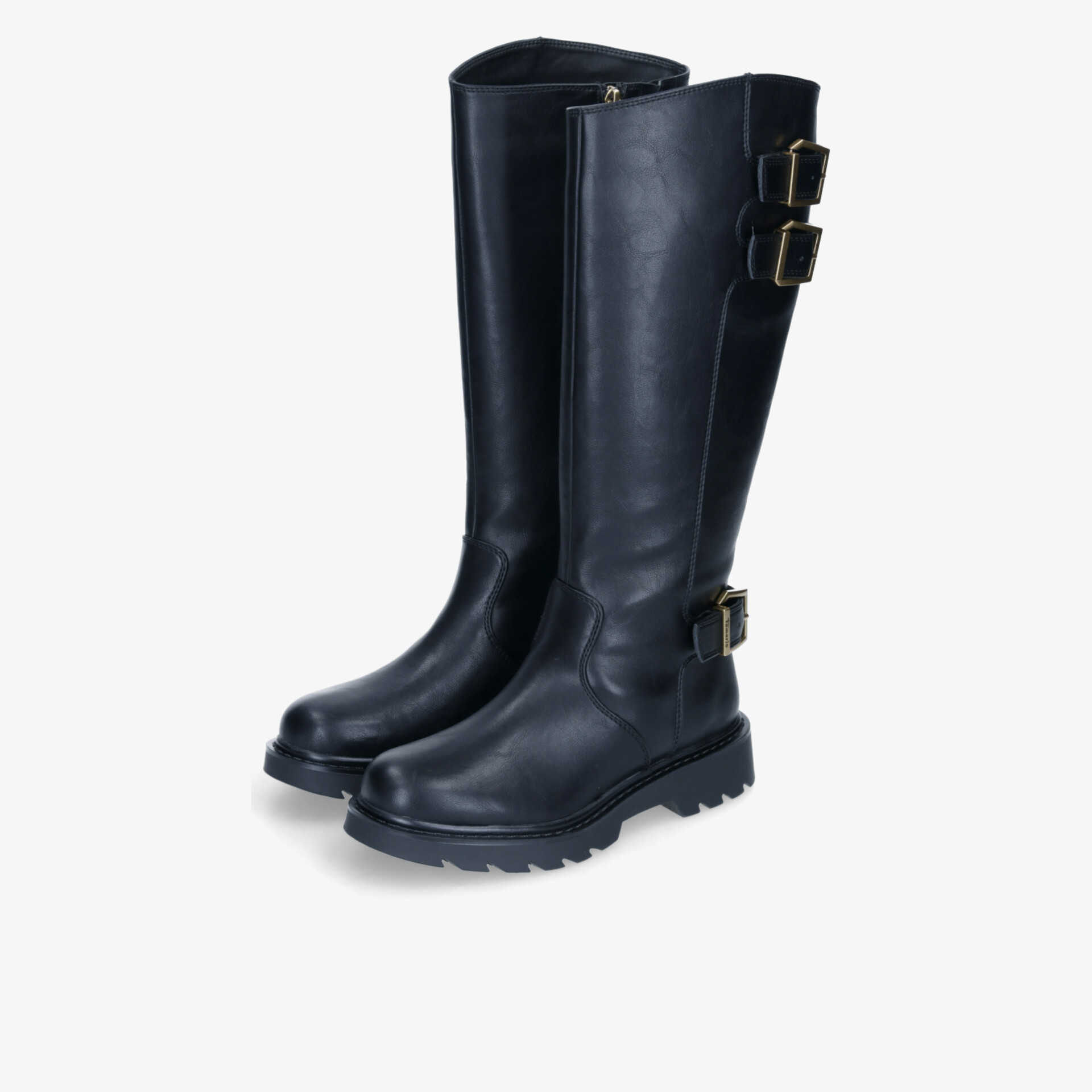 Robuste schwarze Stiefel mit hohem Schaft und verstellbaren Schnallen, komfortabel und langlebig im Paar