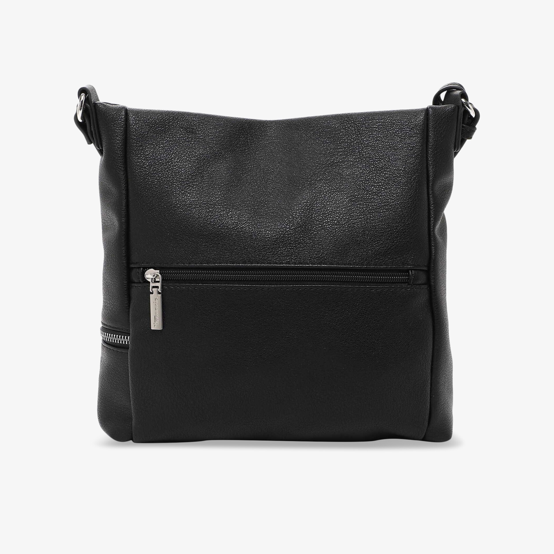 Schwarze Schultertasche mit Reißverschluss vorne, geräumig und funktional im klassischen Design