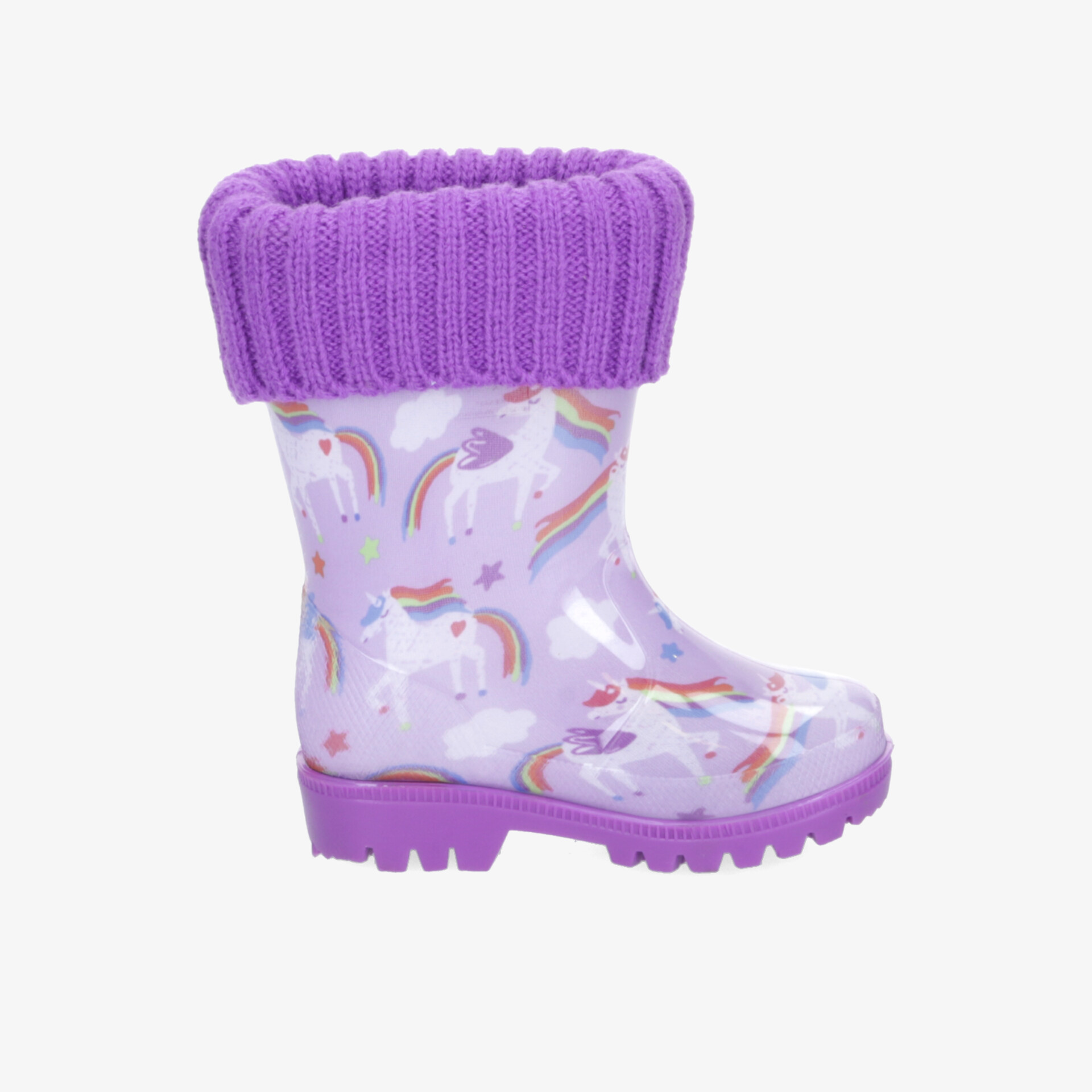Wasserdichter lila Regenstiefel mit Einhornmotiv und weichem gestricktem Schaftrand, robuste rutschfeste Sohle