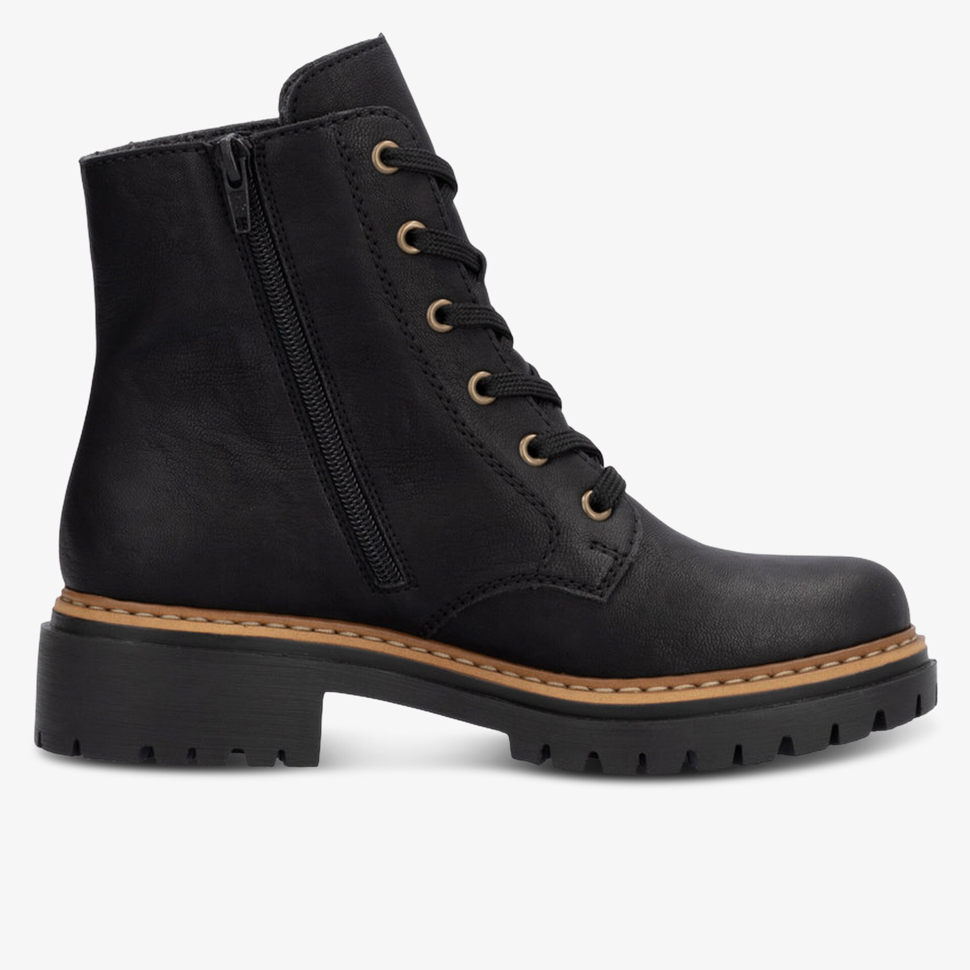 Seitliche Ansicht robuster schwarzer Schnürstiefel mit praktischem Reißverschluss und rutschfester Profilsohle