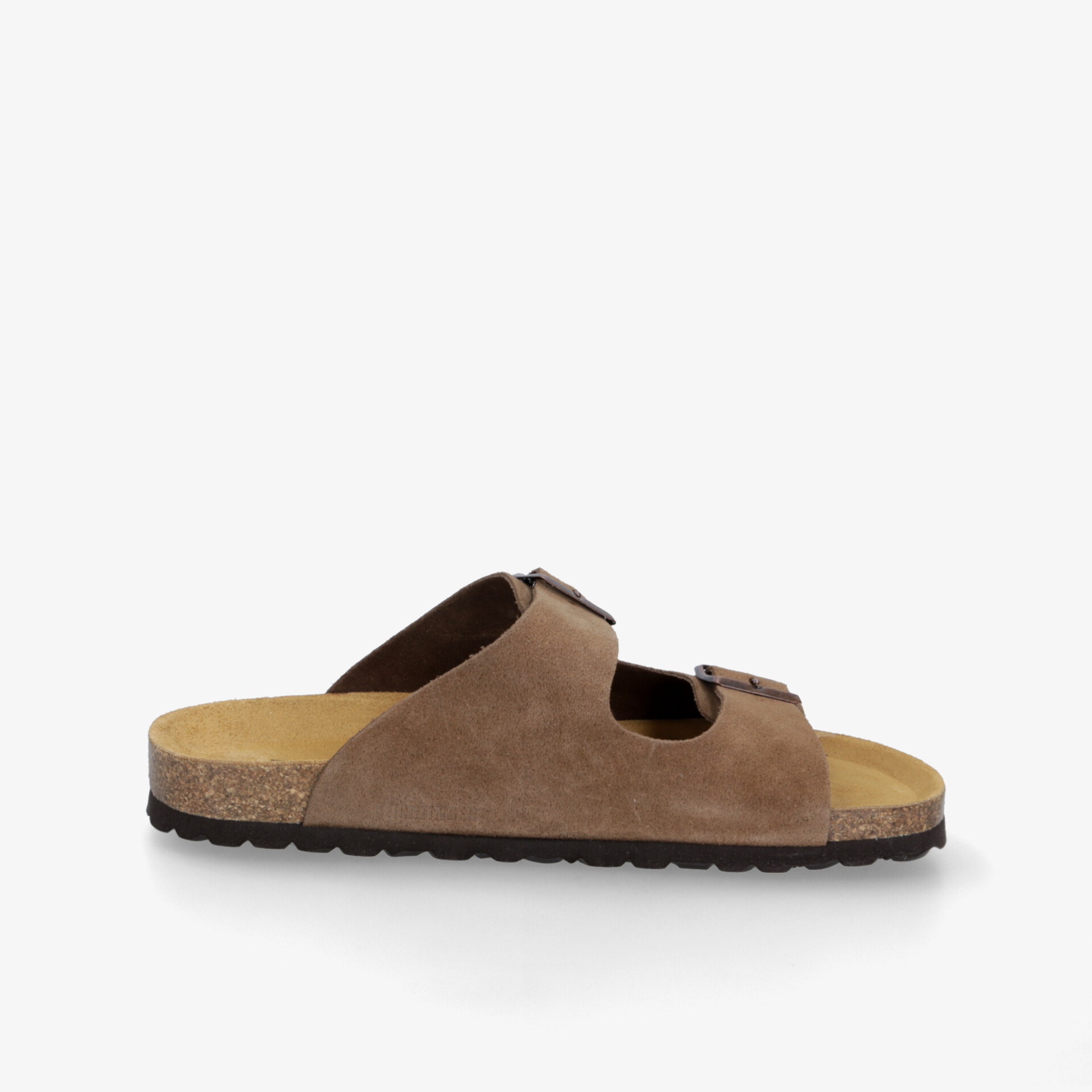 Bequeme braune Wildleder-Sandale mit offenem Zehenbereich und verstellbarem Riemen, flexible Sohle und weiches Korkfußbett