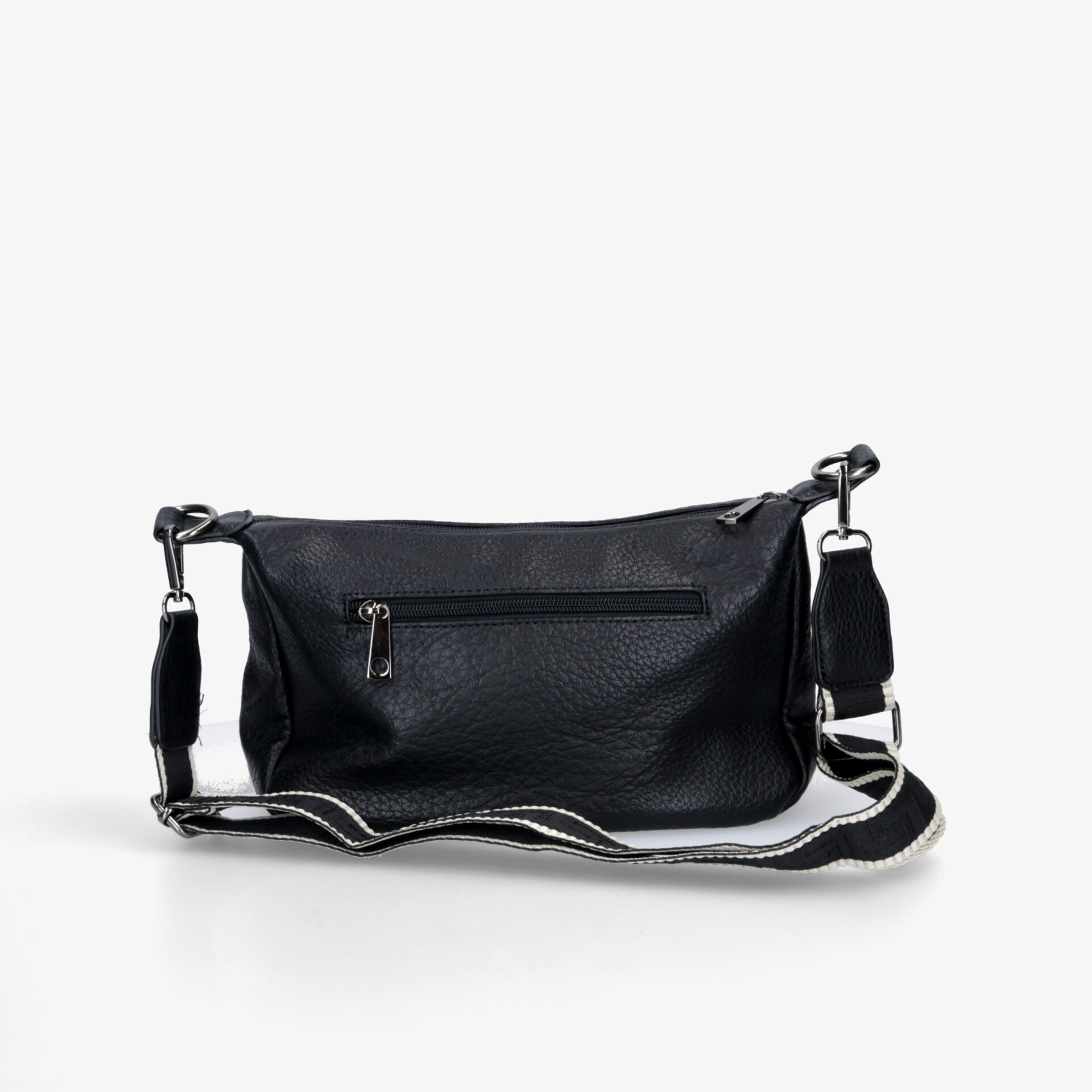 Schwarze kompakte Tasche aus Lederoptik mit Reißverschluss und verstellbarem Schultergurt, modernes und praktisches Design