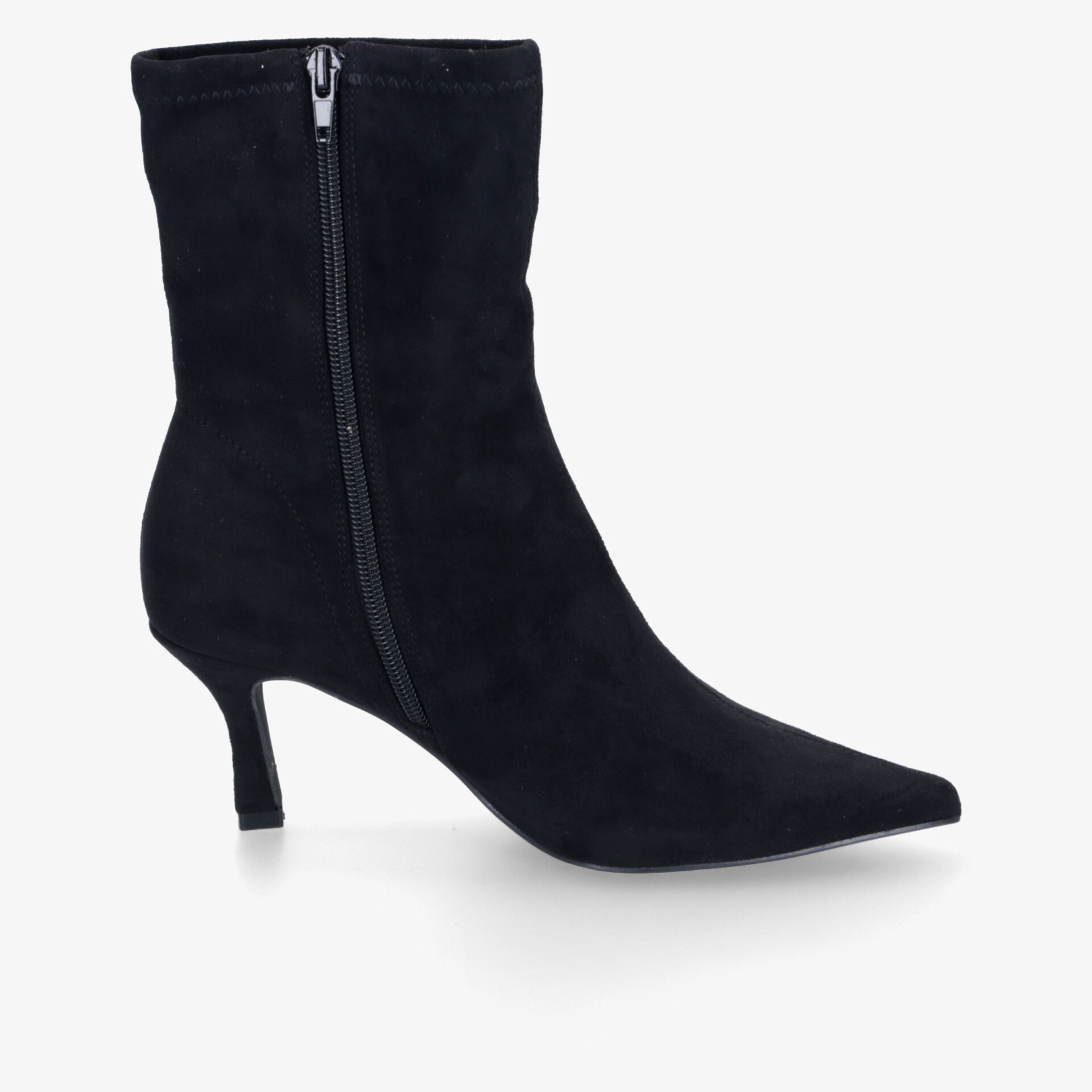 Elegante schwarze Stiefelette mit spitzem Zehenbereich, praktischem Reißverschluss und mittelhohem Absatz