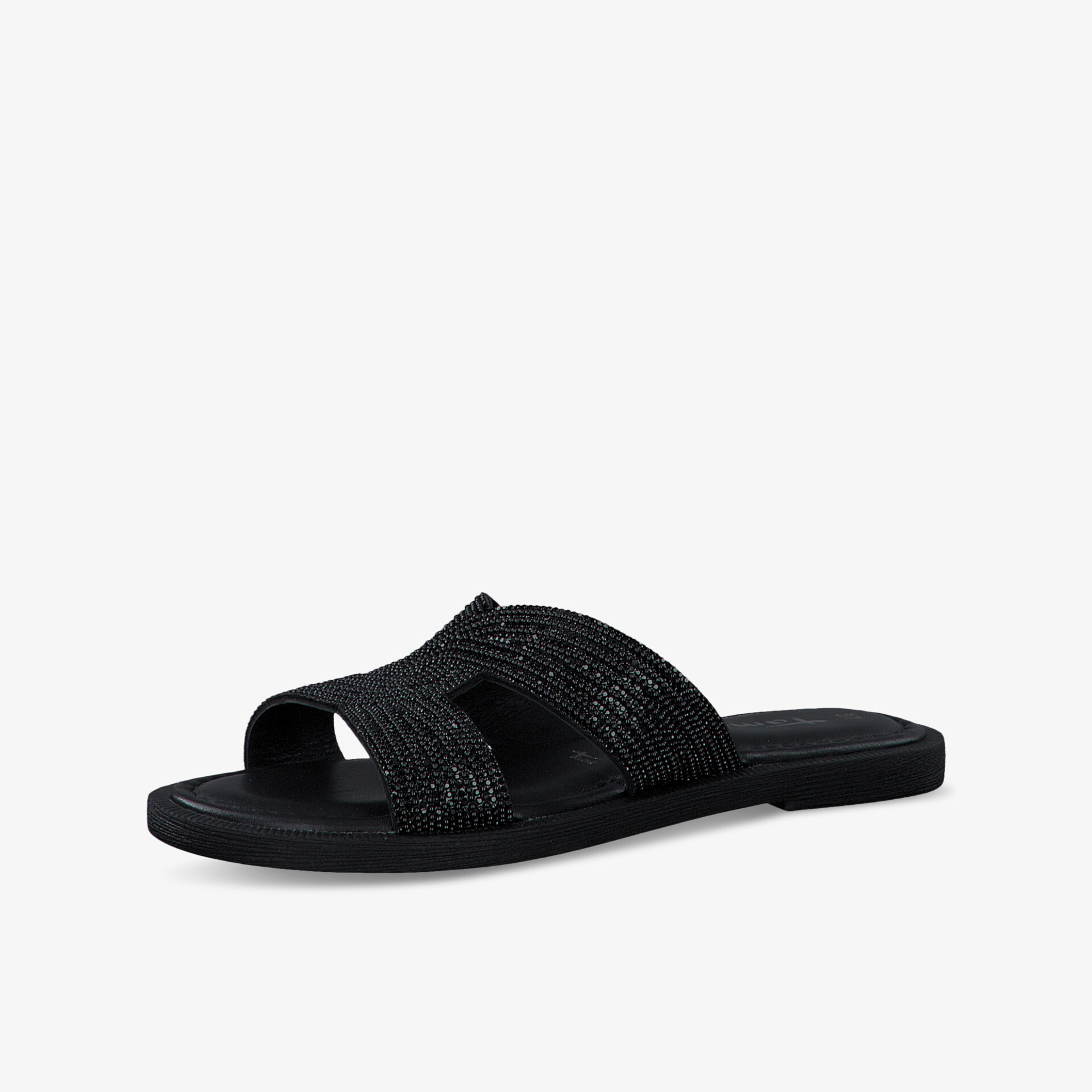 Schwarze komfortable Slide Sandale mit weichem Material, offener Zehenpartie und rutschfester Sohle für angenehmes Tragen