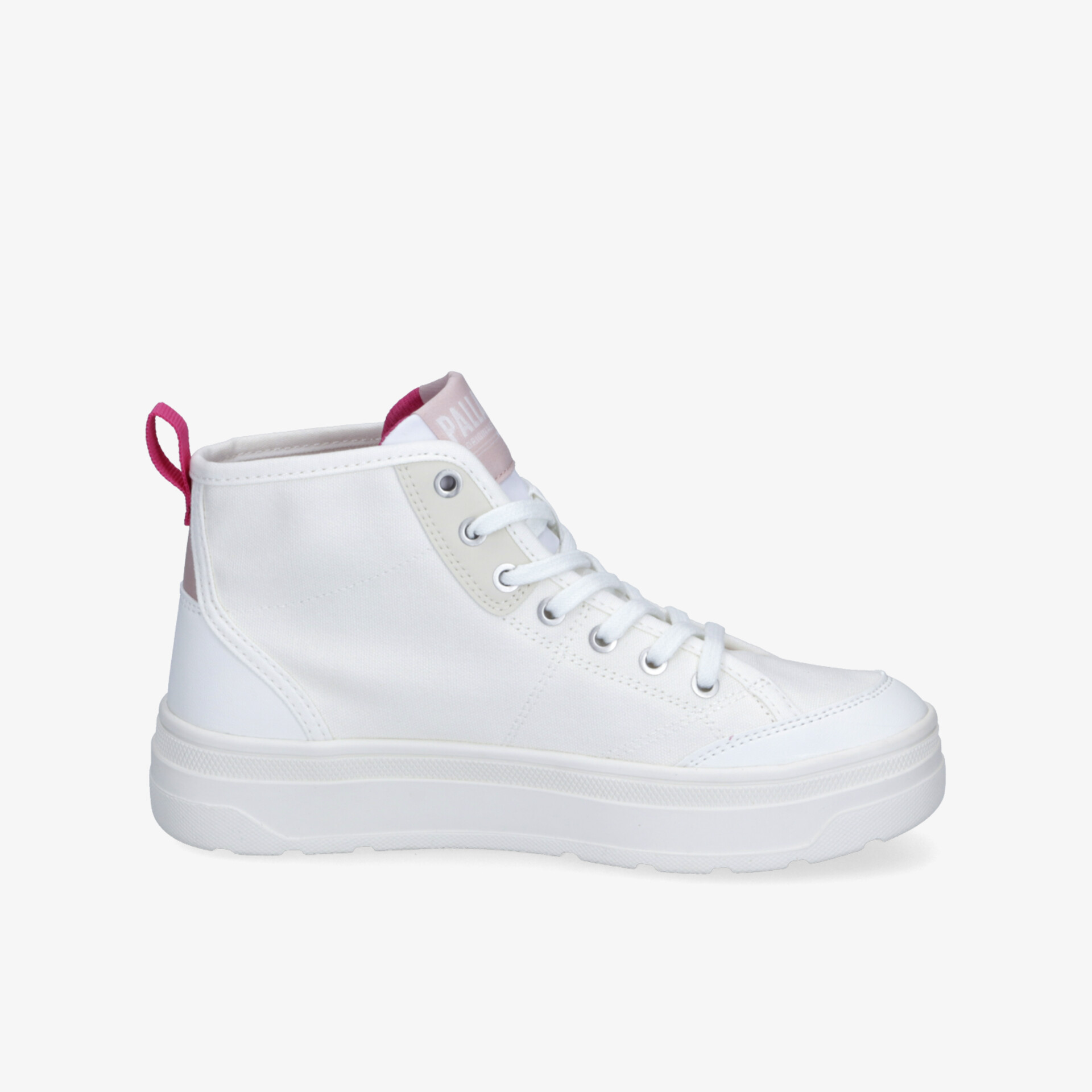 Weißer High-Top Sneaker in klarer Seitenansicht, sportlich und bequem mit hoher Sohle und modernem Design