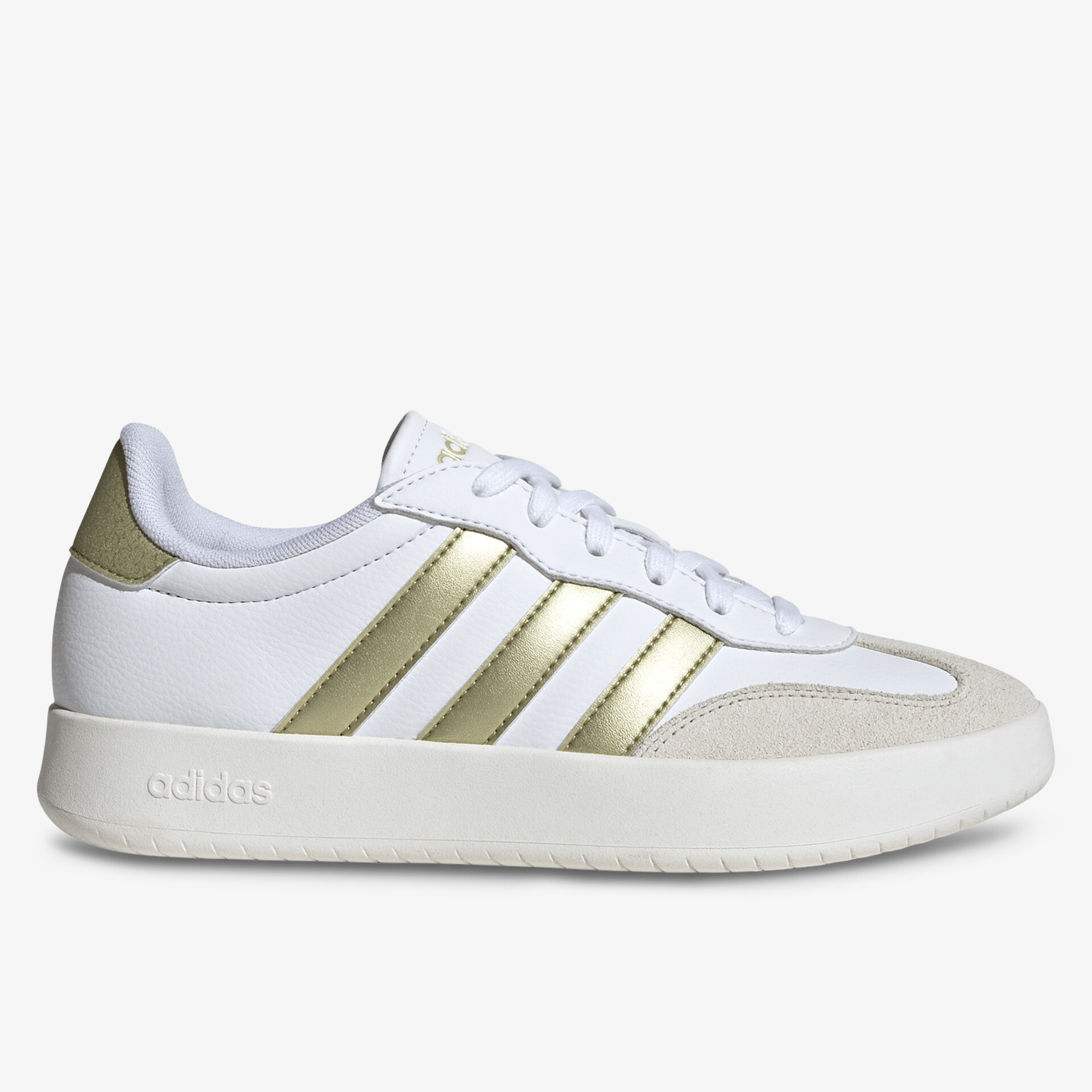 Weißer Sneaker mit goldenen Streifen und niedrigem Schnitt, elegant und sportlich designed, bequeme Passform