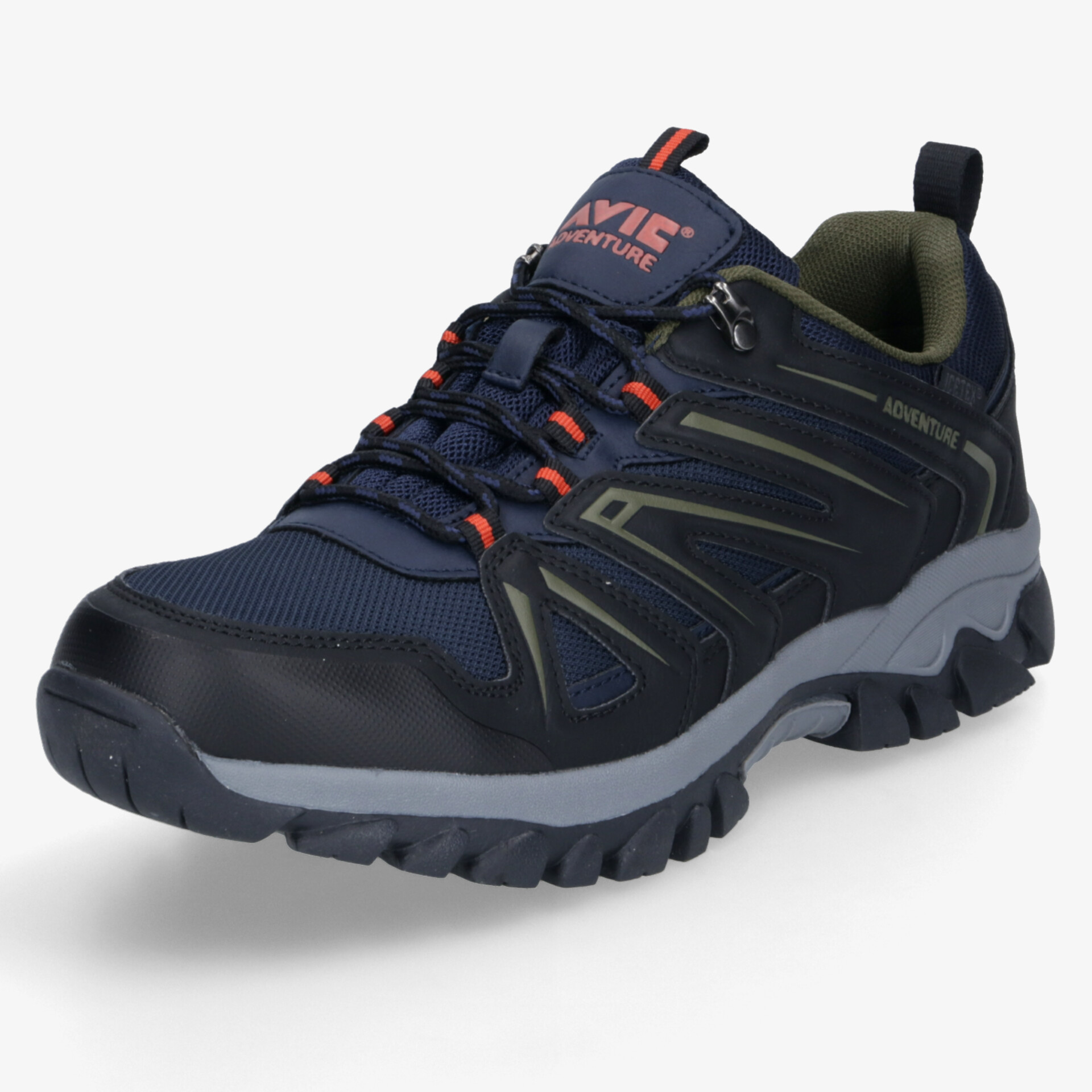 Robuster Outdoor-Trekking-Schuh in Blau-Schwarz mit profilierter Sohle und stabiler Schnürung für festen Halt