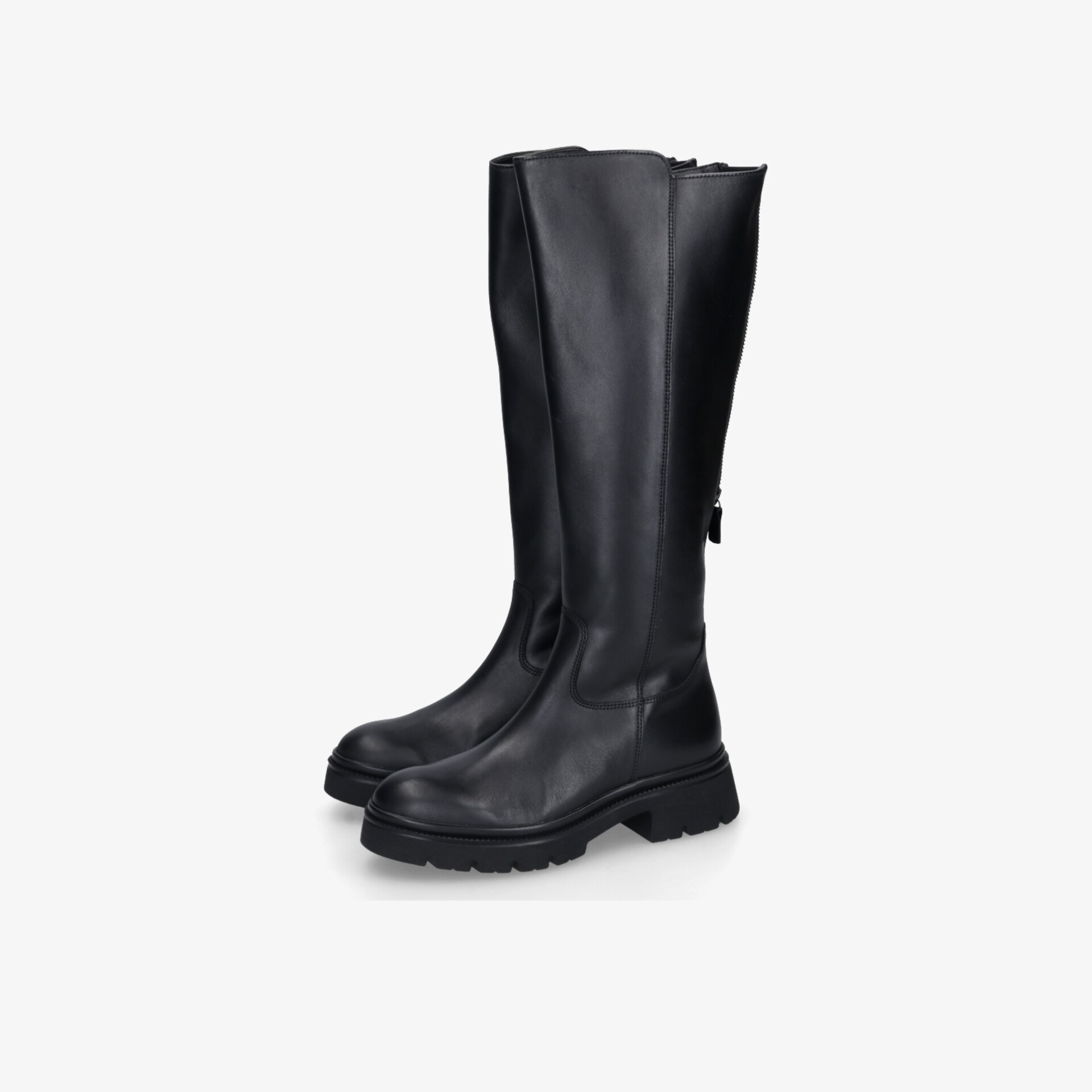 Schwarze Stiefel mit hohem Schaft und robustem Absatz in Frontansicht, eleganter und bequemer Schuh