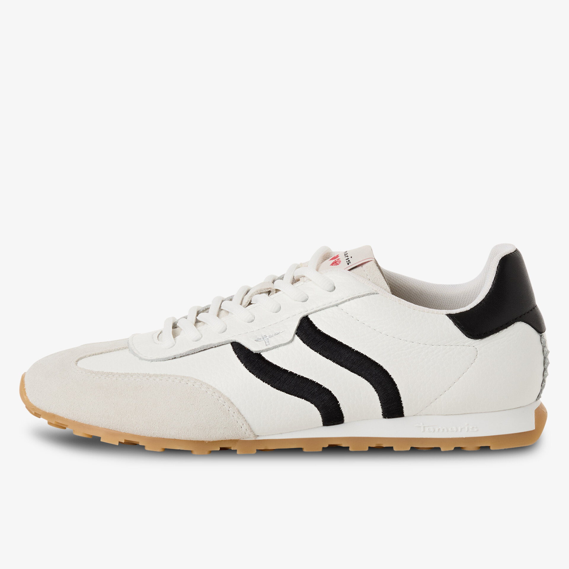 Seitliche Ansicht eines weißen, leichten Sneakers mit schwarzem Zierstreifen und rutschfester Gummisohle