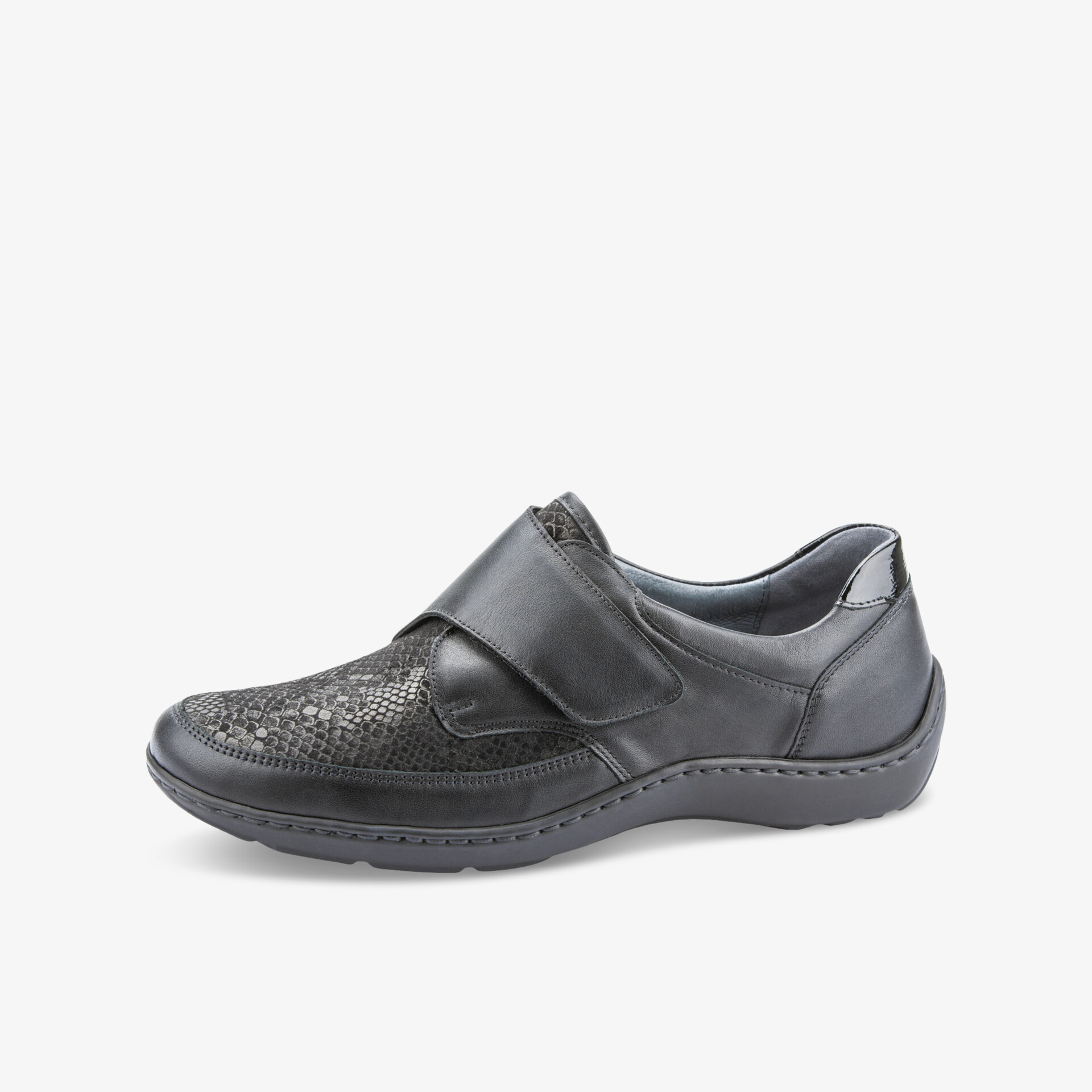 Eleganter schwarzer Schuh mit bequemem Klettverschluss und glänzender Optik für stilvolle Auftritte.