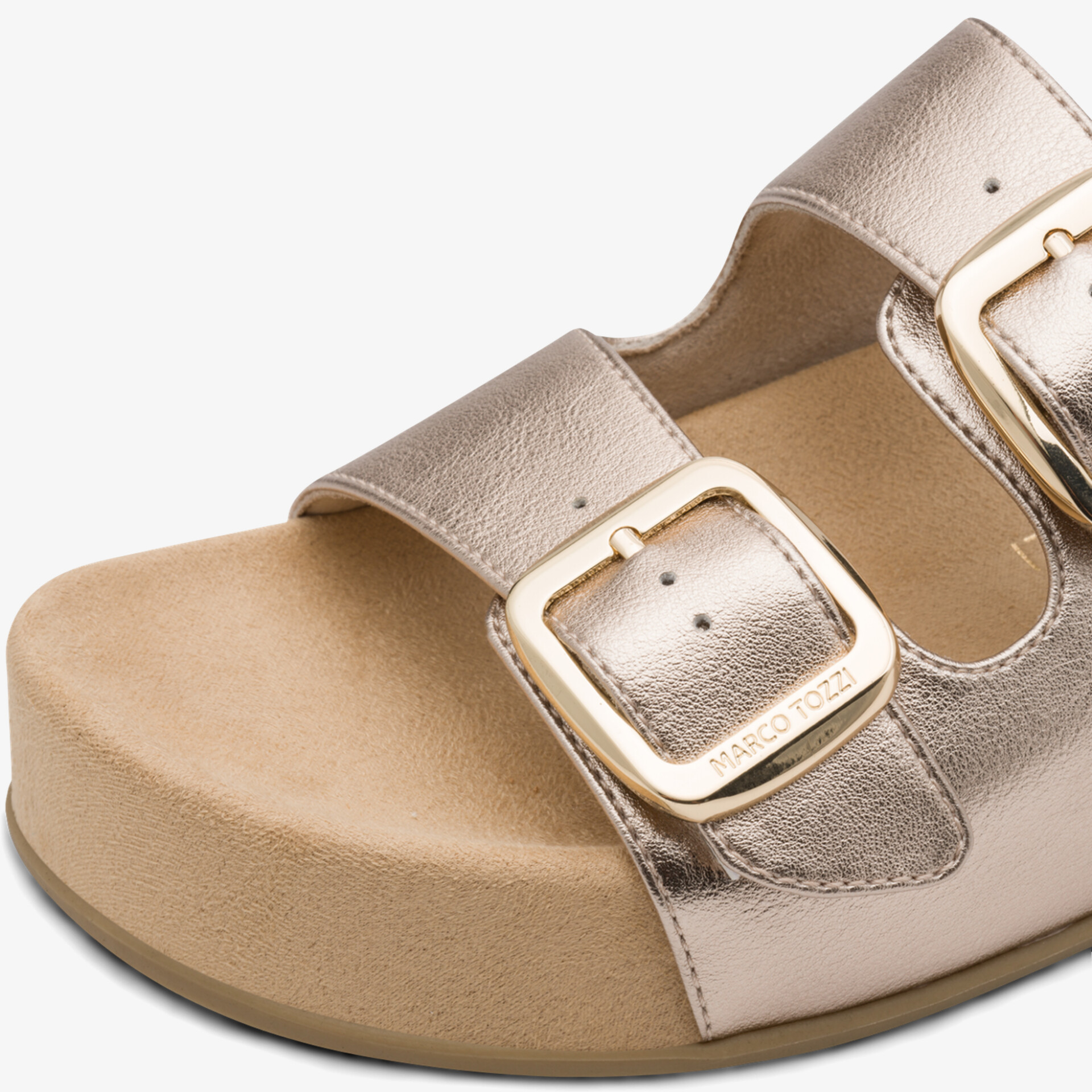 Bequeme Sandale mit verstellbaren Schnallen und dickem Sohlenboden in modischer Metallic-Optik