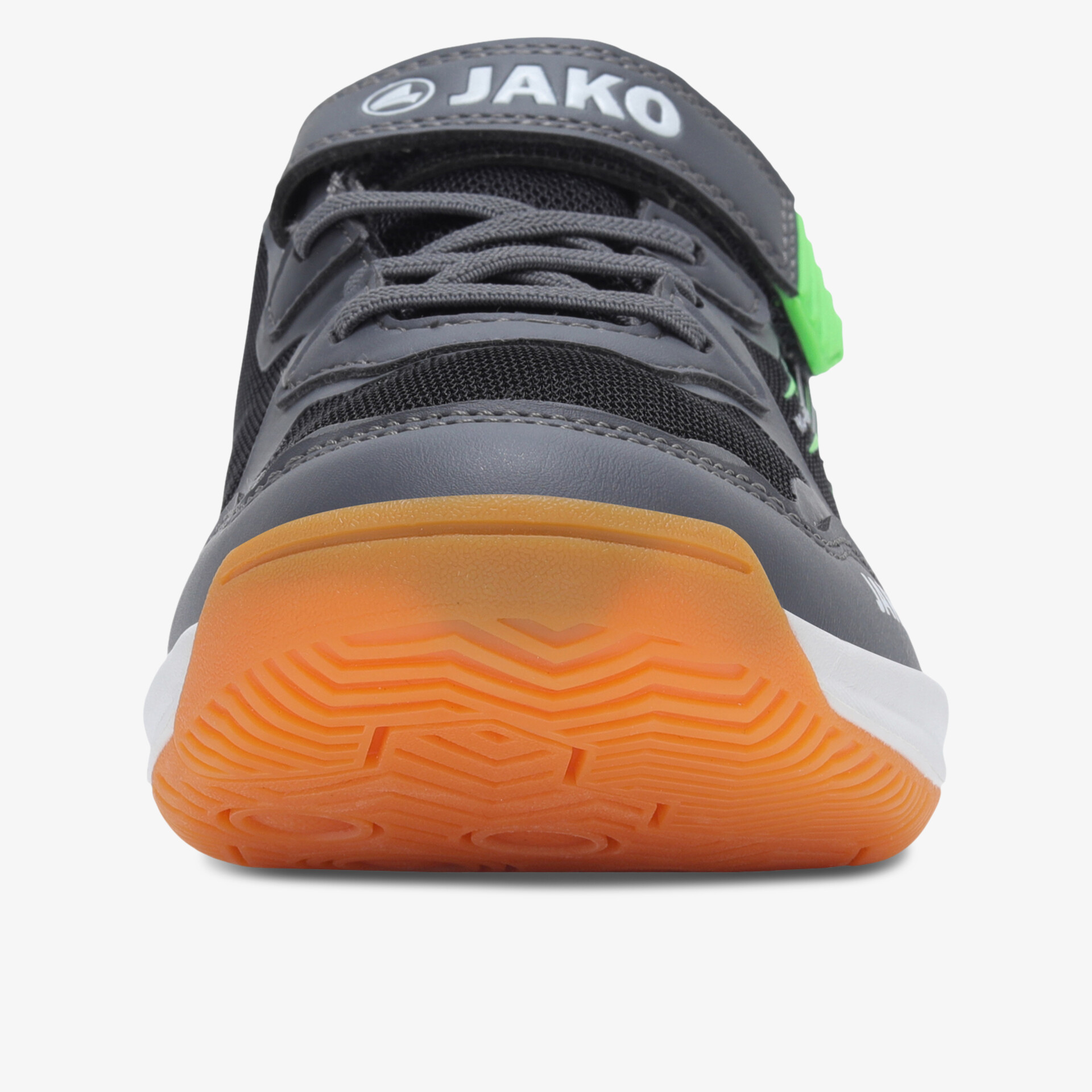 Robuster Sportschuh mit rutschfester, orangener Gummisohle und atmungsaktivem Obermaterial, frontale Ansicht