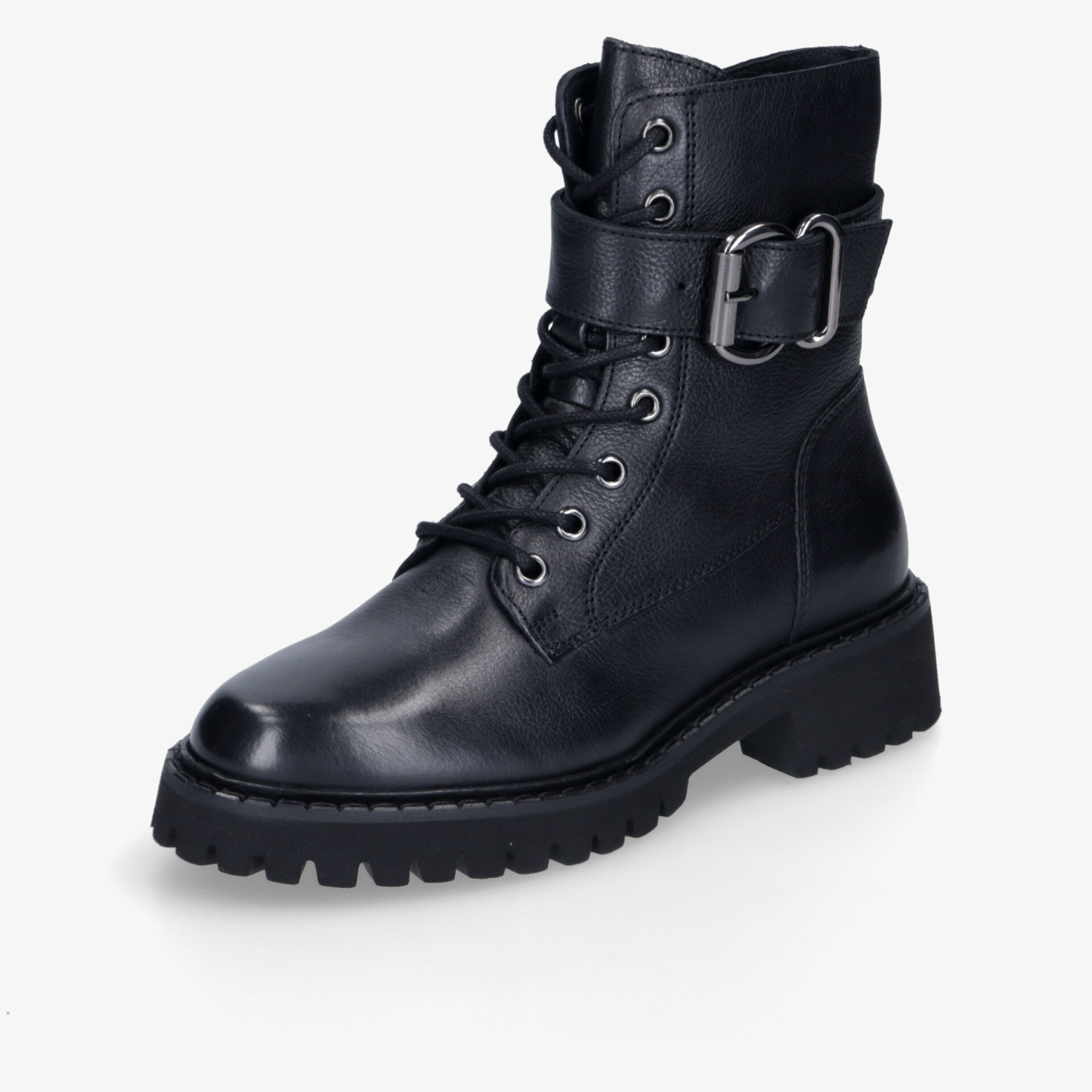 Eleganter schwarzer Schnürstiefel mit stabilem Schnallenverschluss und robuster Sohle für vielseitige Styles