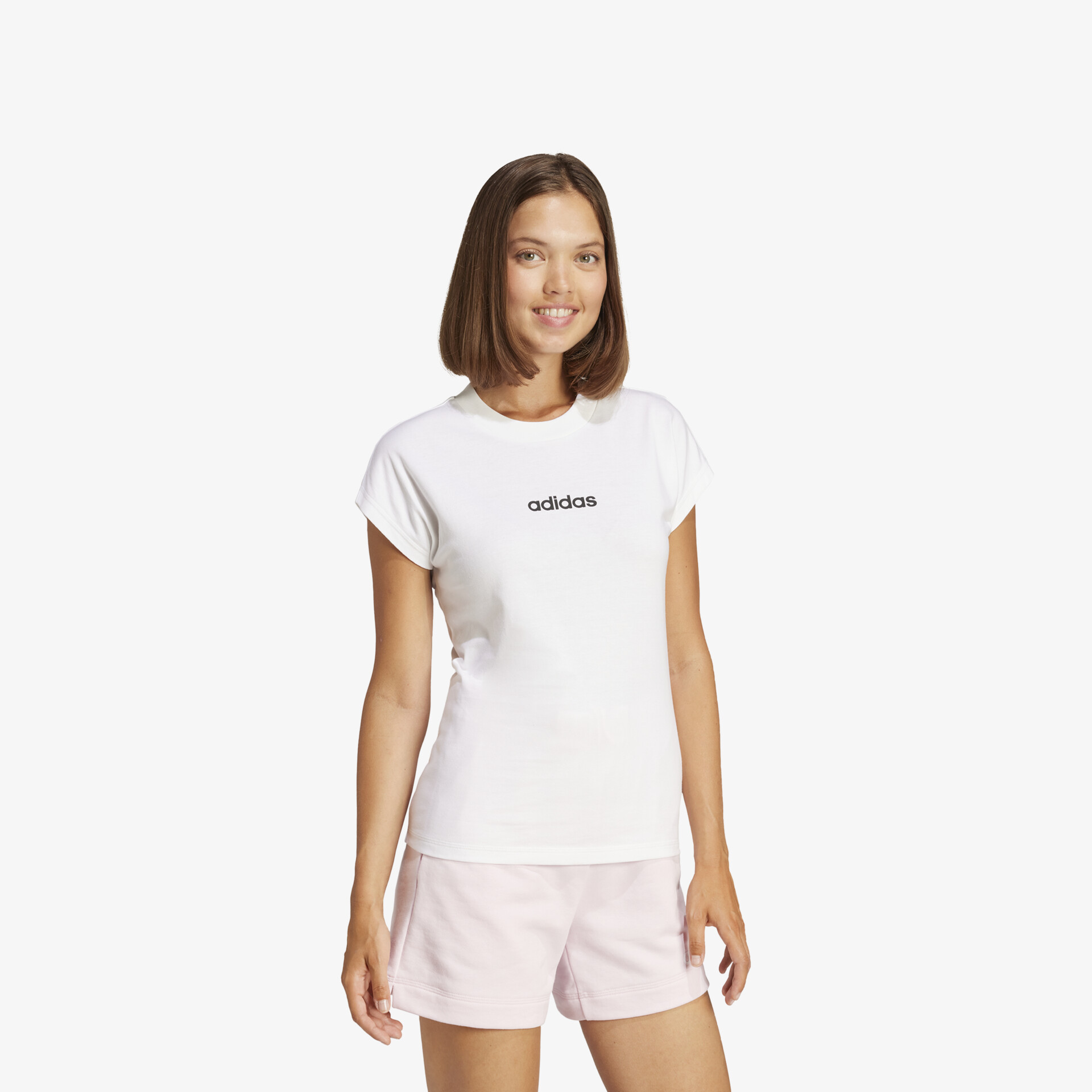 Weißes Adidas T-Shirt mit kurzem Arm und Markenlogo vorn, sportlich und bequem im klassischen Design