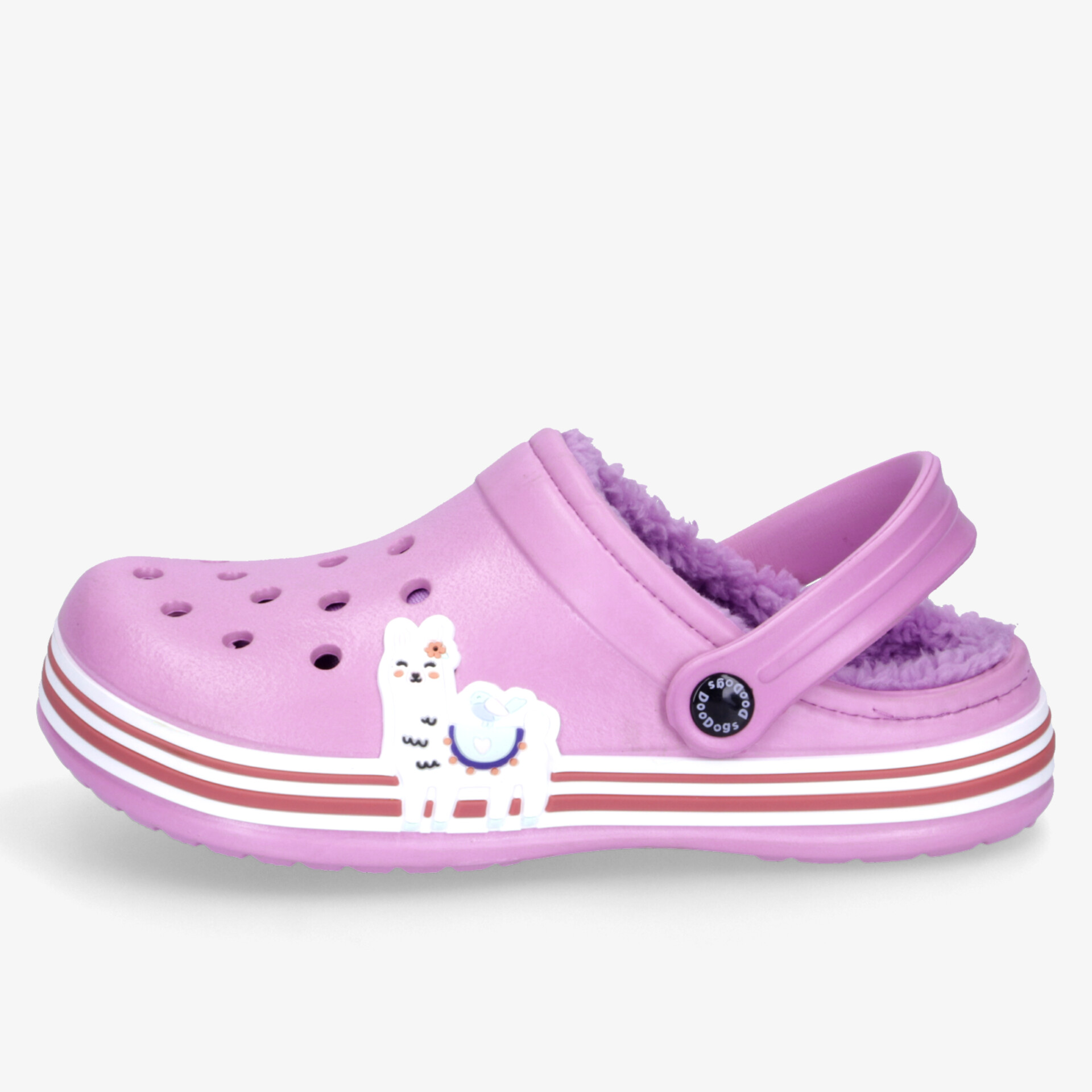 Leichter lila Clog mit warmem Futter und Lama-Motiv, rutschfeste Sohle für komfortablen Alltag
