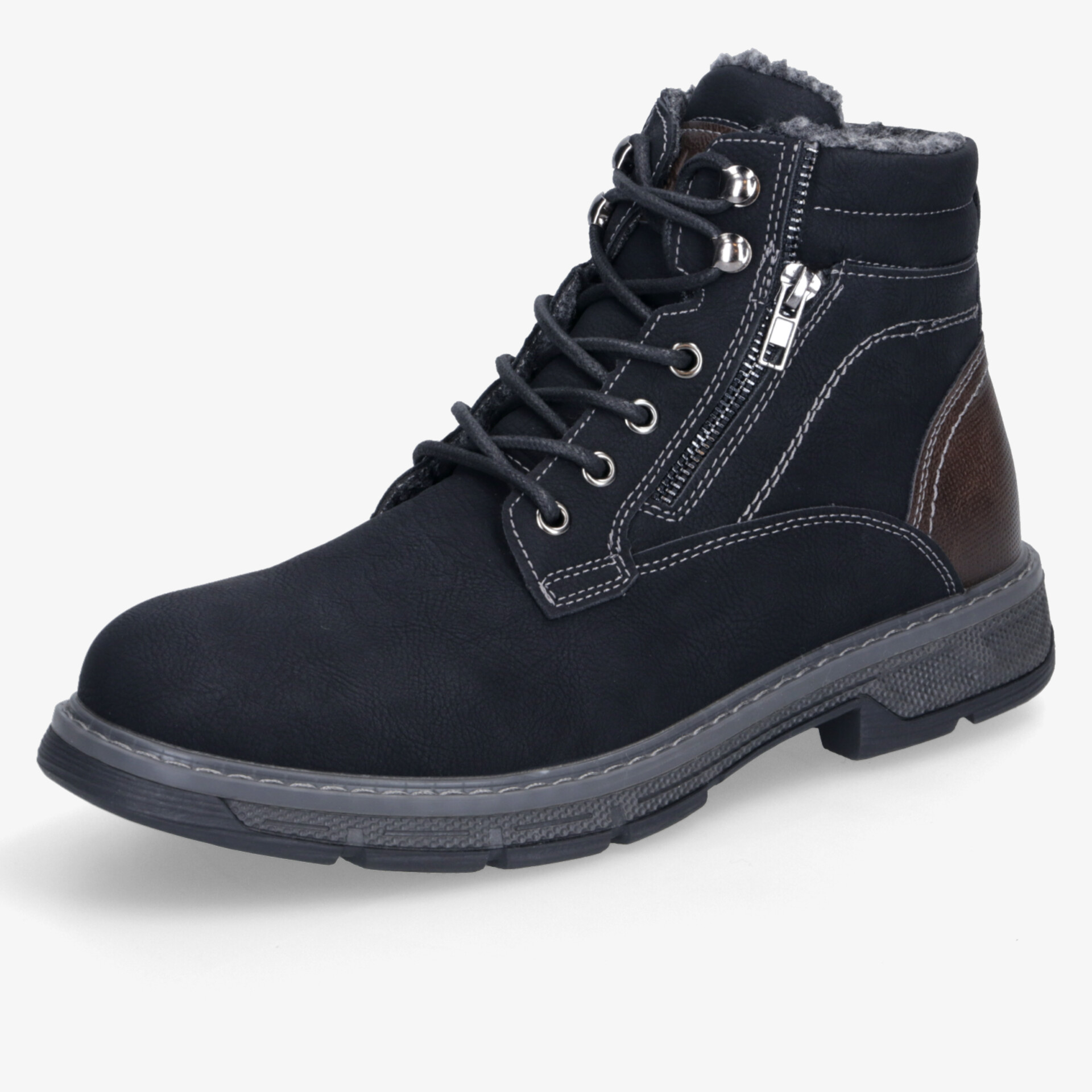 Schwarzer robuster und bequemer Winterstiefel mit Schnürung und Reißverschluss für sicheren Halt