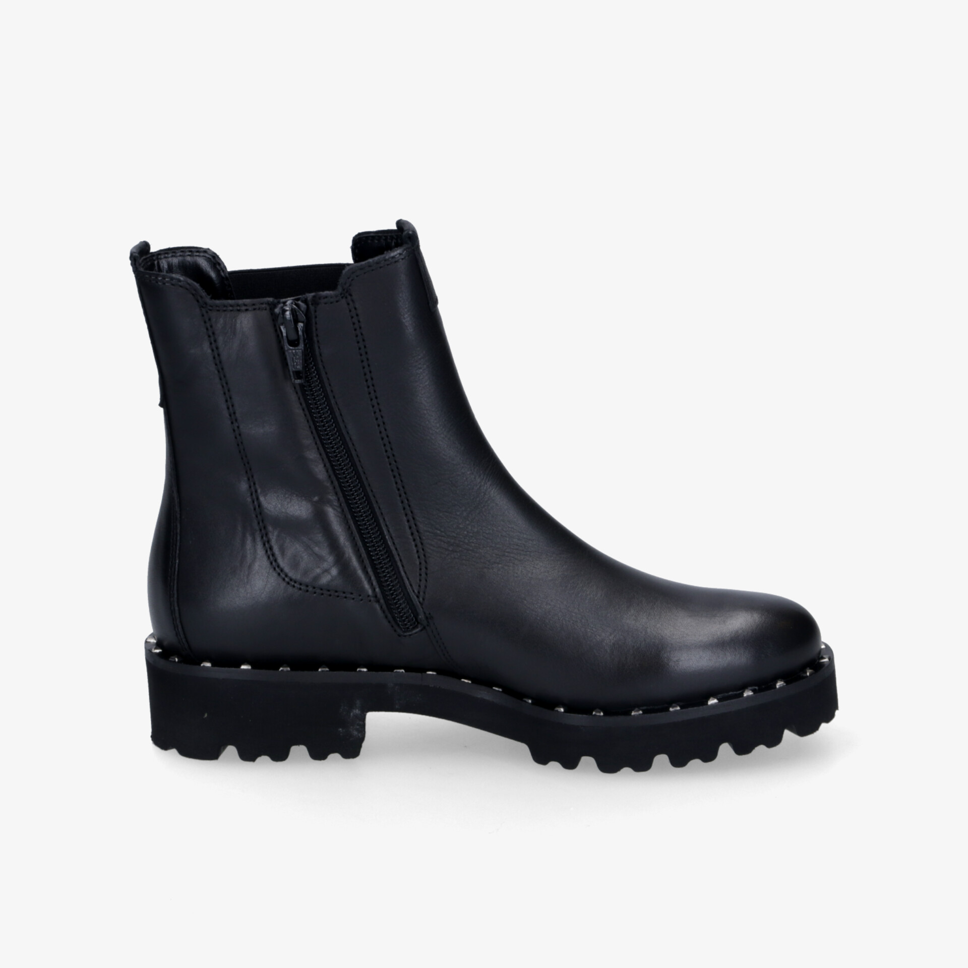 Schwarzer Ankle Boot mit Reißverschluss und rutschfester Profilsohle, komfortabel und robust für Alltag.