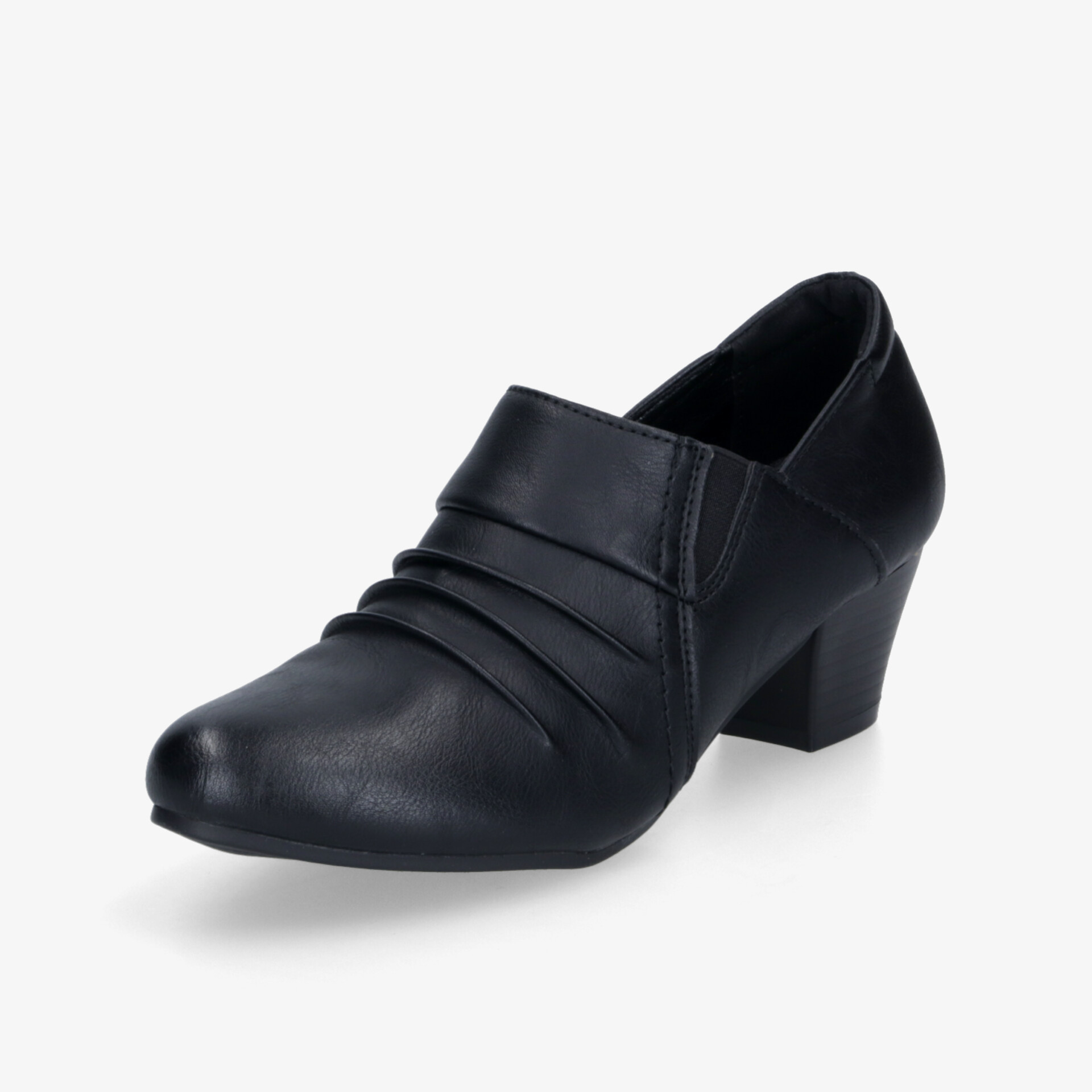 Eleganter schwarzer Schuh mit mittelhohem Absatz und komfortablem Design in 3/4 Ansicht