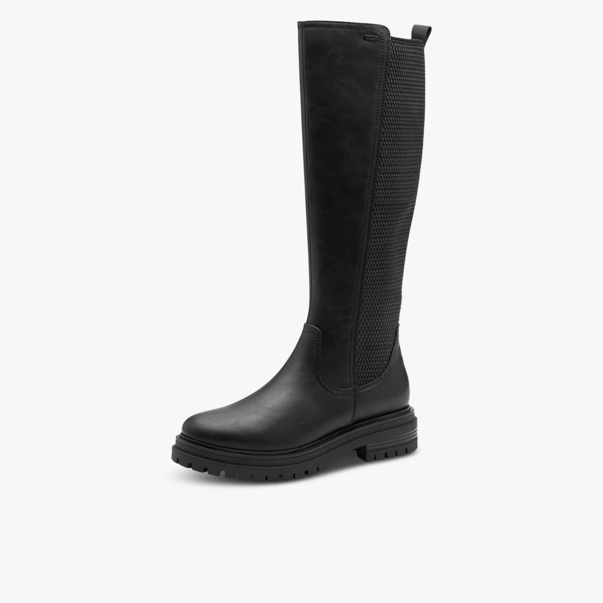 Knielanger, robuster Stiefel mit profilierter Sohle und hochwertigem Material in frontaler Ansicht