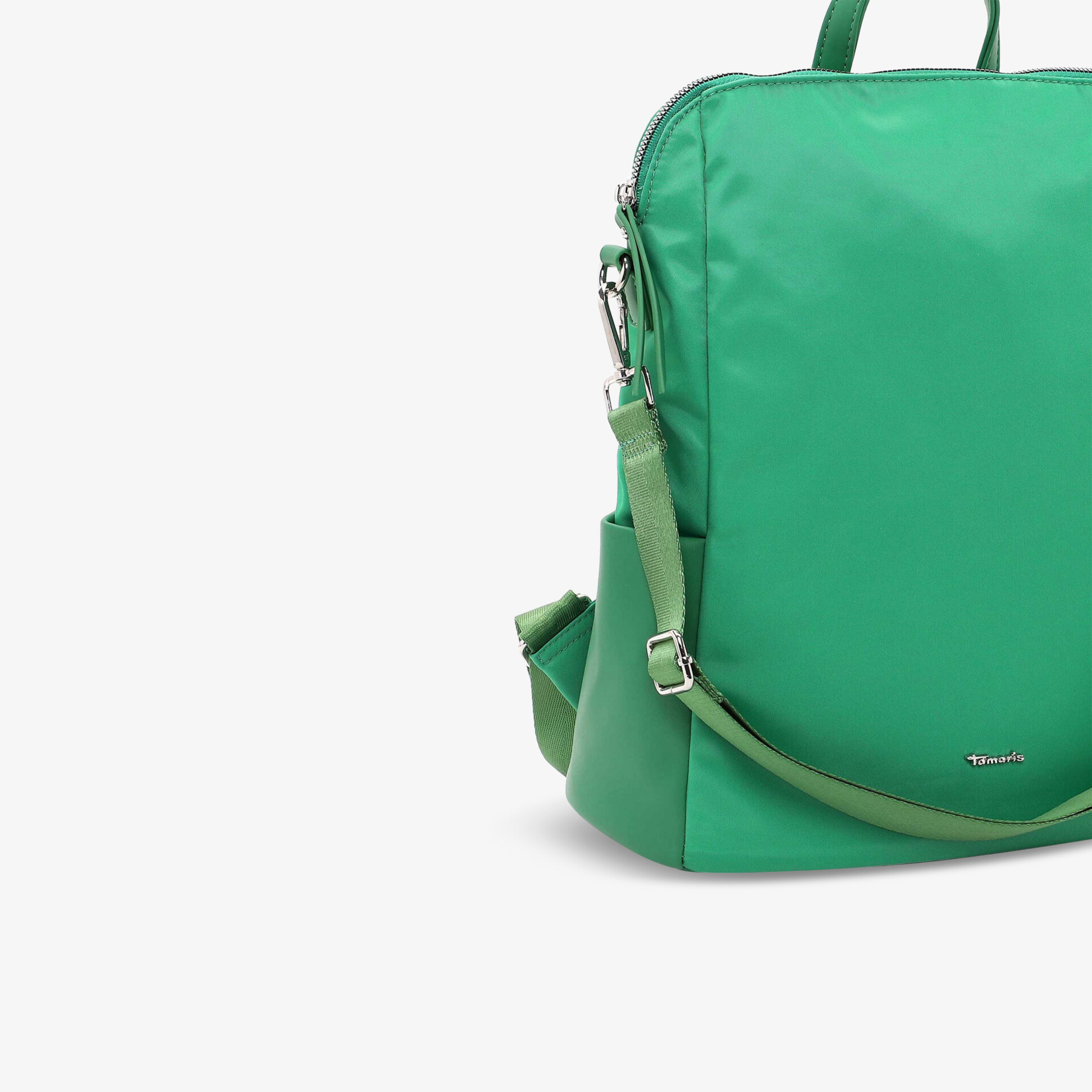 Moderner grüner Rucksack mit verstellbarem Schultergurt und praktischem Reißverschluss.