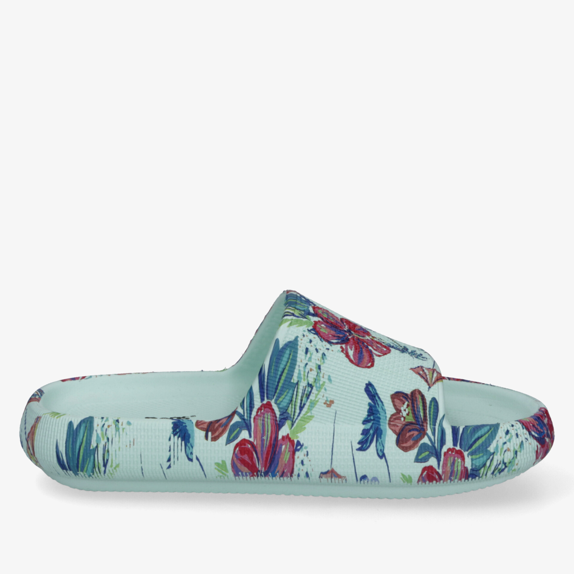 Seitliche Ansicht einer türkisfarbenen Slide-Sandale mit buntem Blumenmuster, bequem und leicht gestaltet