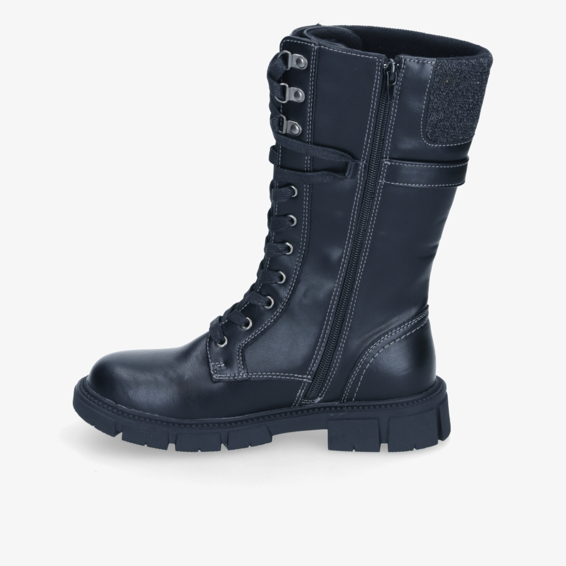 Robuster schwarzer Kampfstiefel mit hoher Schuhschaft, Schnürung und praktischem Reißverschluss, profilierte Sohle