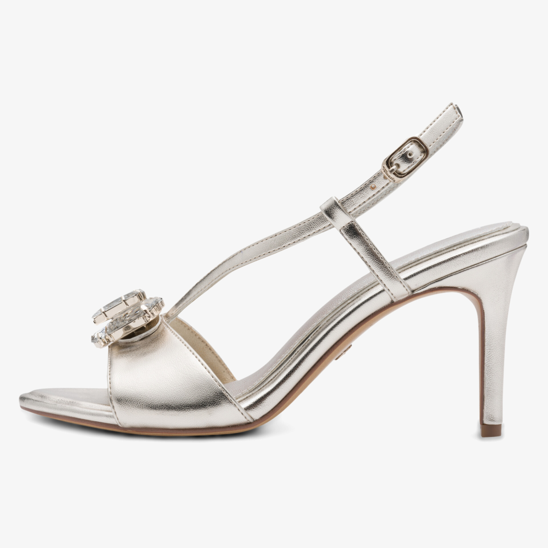 Elegante silberne Sandalette mit Absatz und Strassdetails