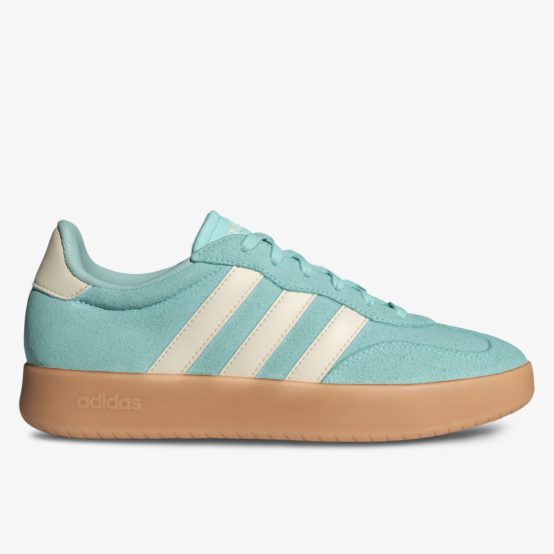 seitlich sichtbarer, bequemer hellblauer Sneaker mit breiter gumminaher Sohle und modischen Streifen