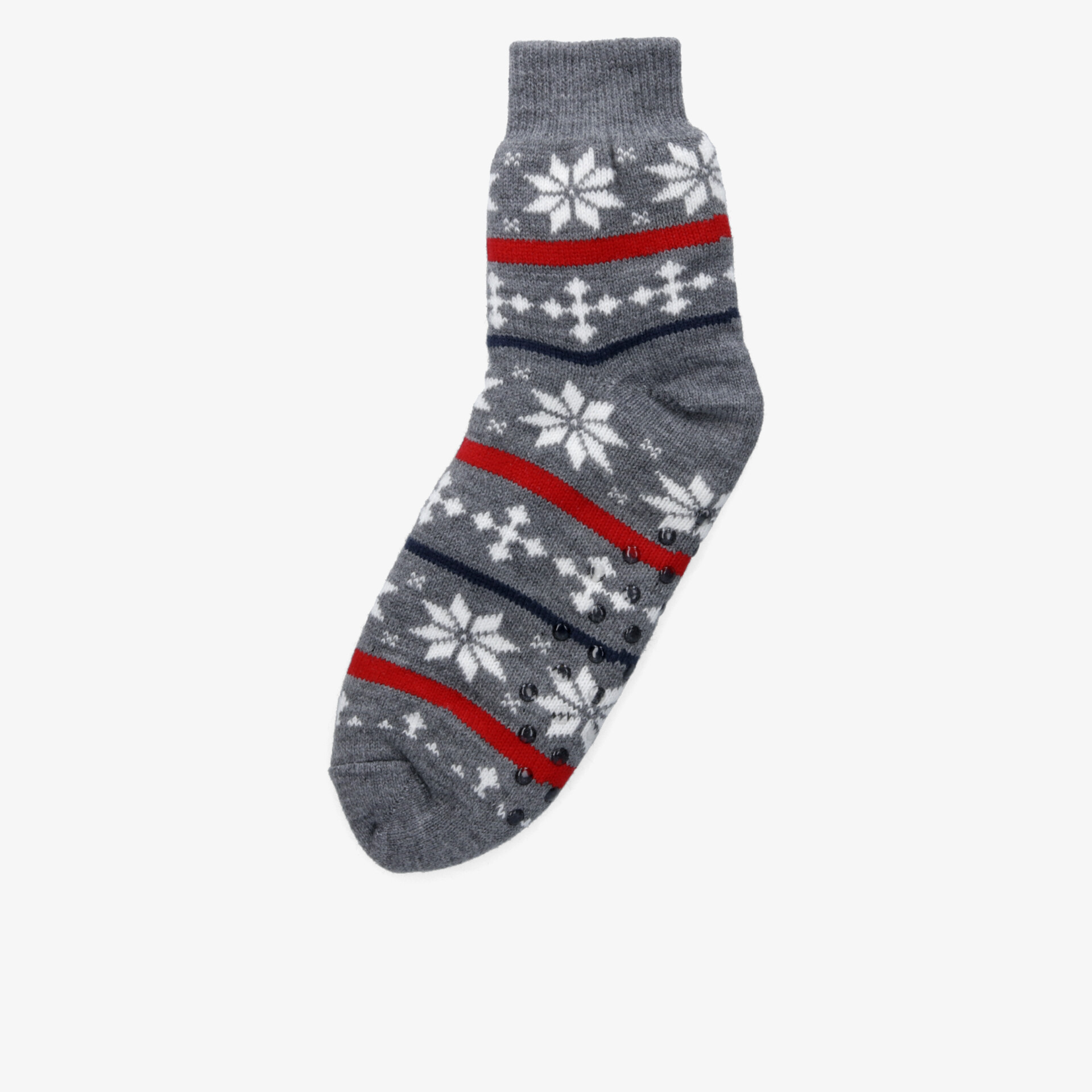 Graue Socke mit weißem Schneeflockenmuster und roten Streifen, weich und warm für angenehmen Tragekomfort