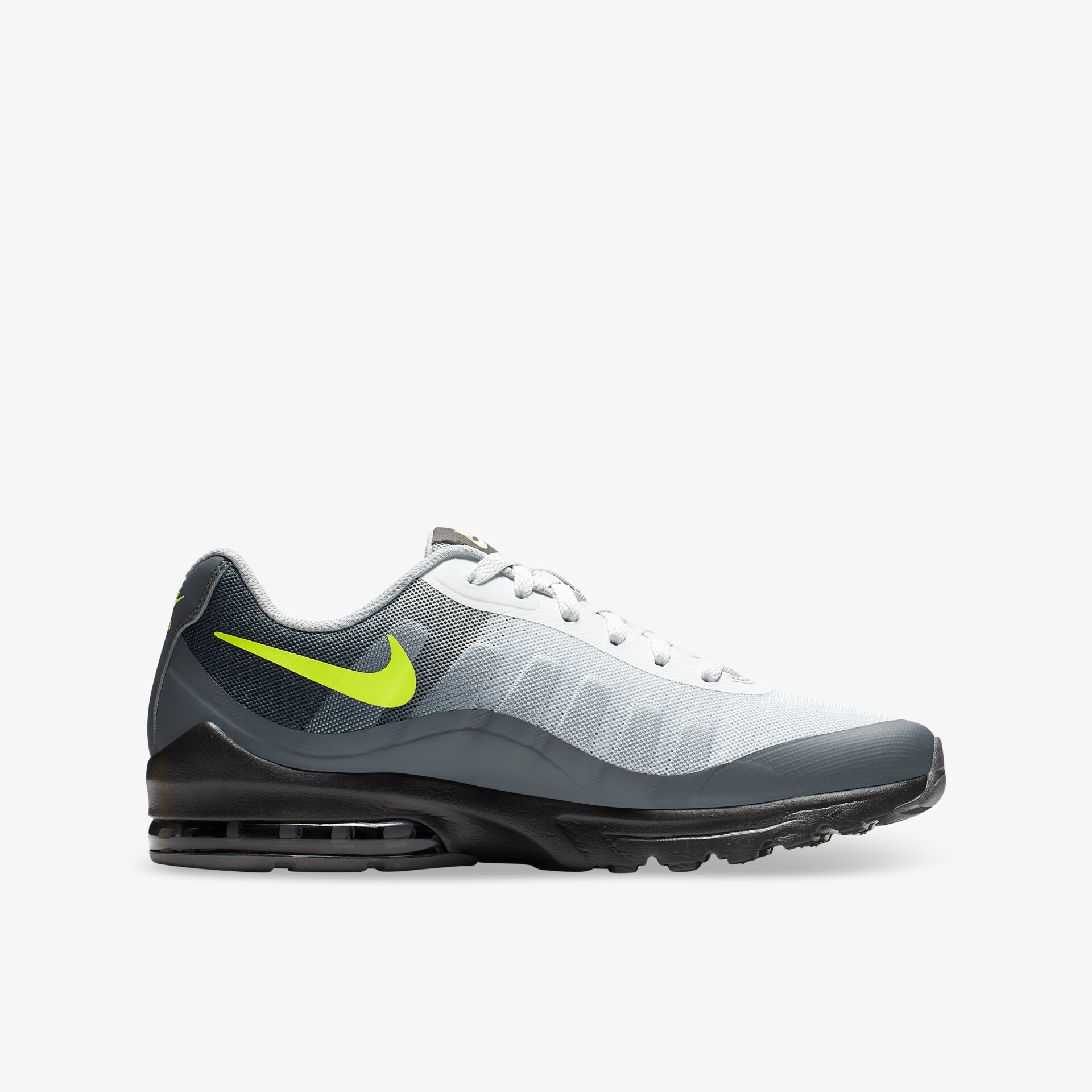 Seitliche Ansicht eines weißen und grauen Nike Air Max Sportschuhs mit neongrünem Logo und komfortabler Sohle.