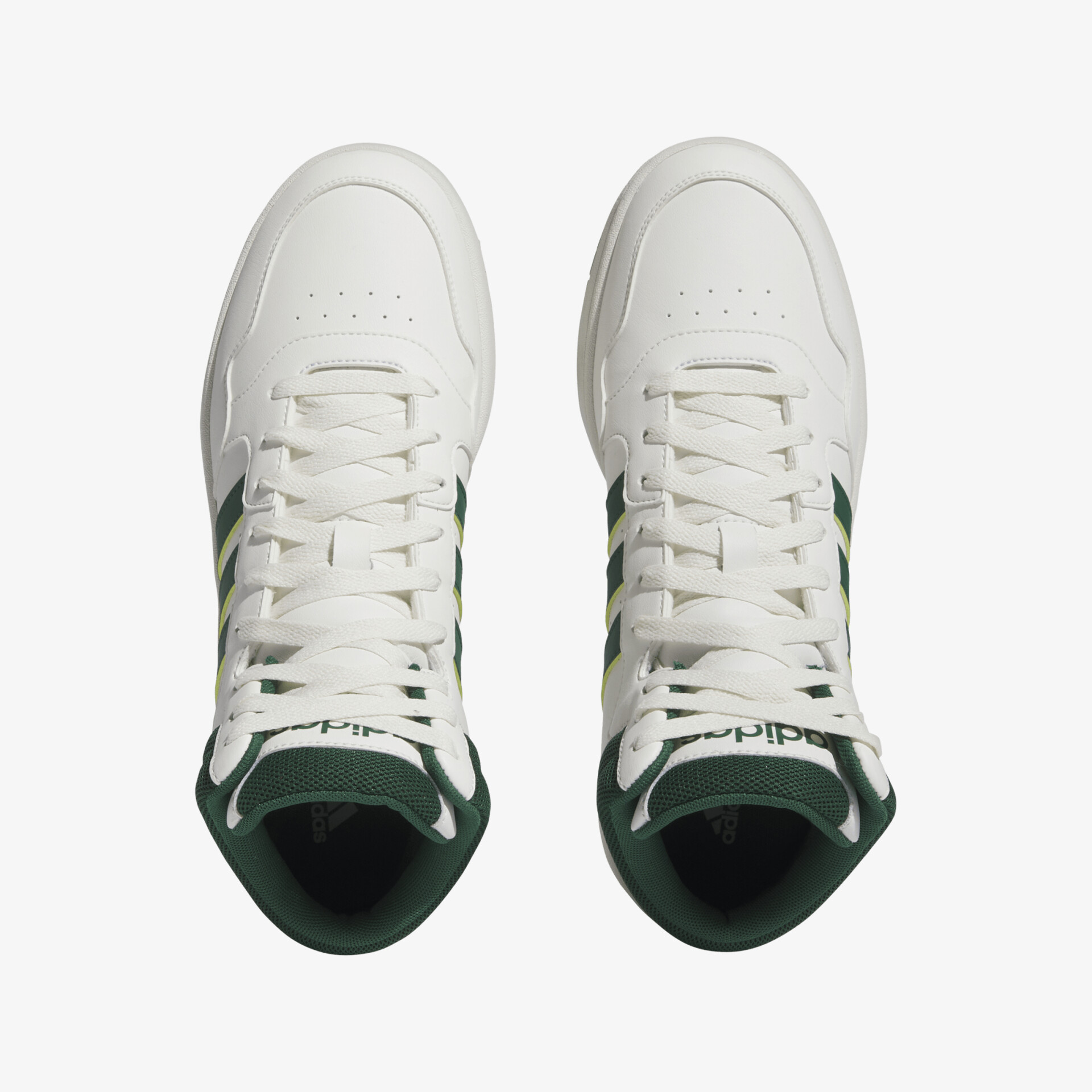 Weiße Sneaker von oben mit schwarzem Detail, sportliches Design und bequemer Passform.