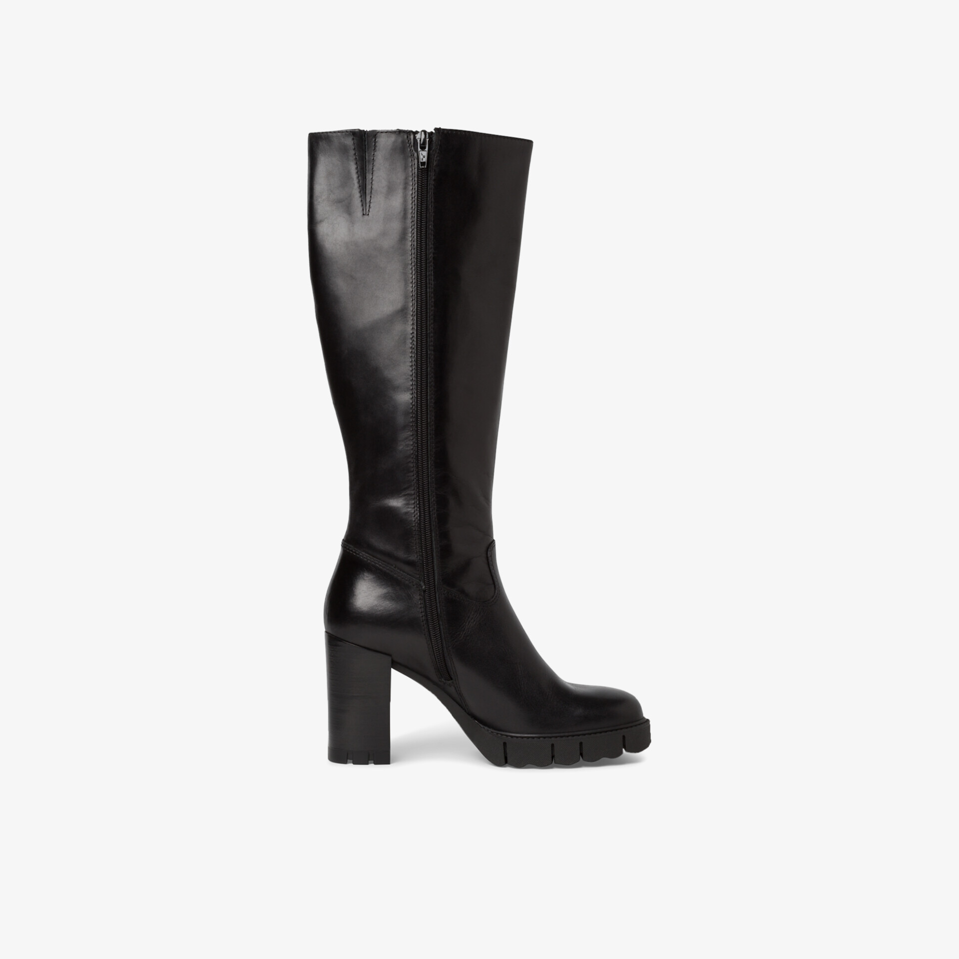 Schwarzer Stiefel aus hochwertigem Leder mit robustem Blockabsatz und bequemer Passform in klarer Seitenansicht