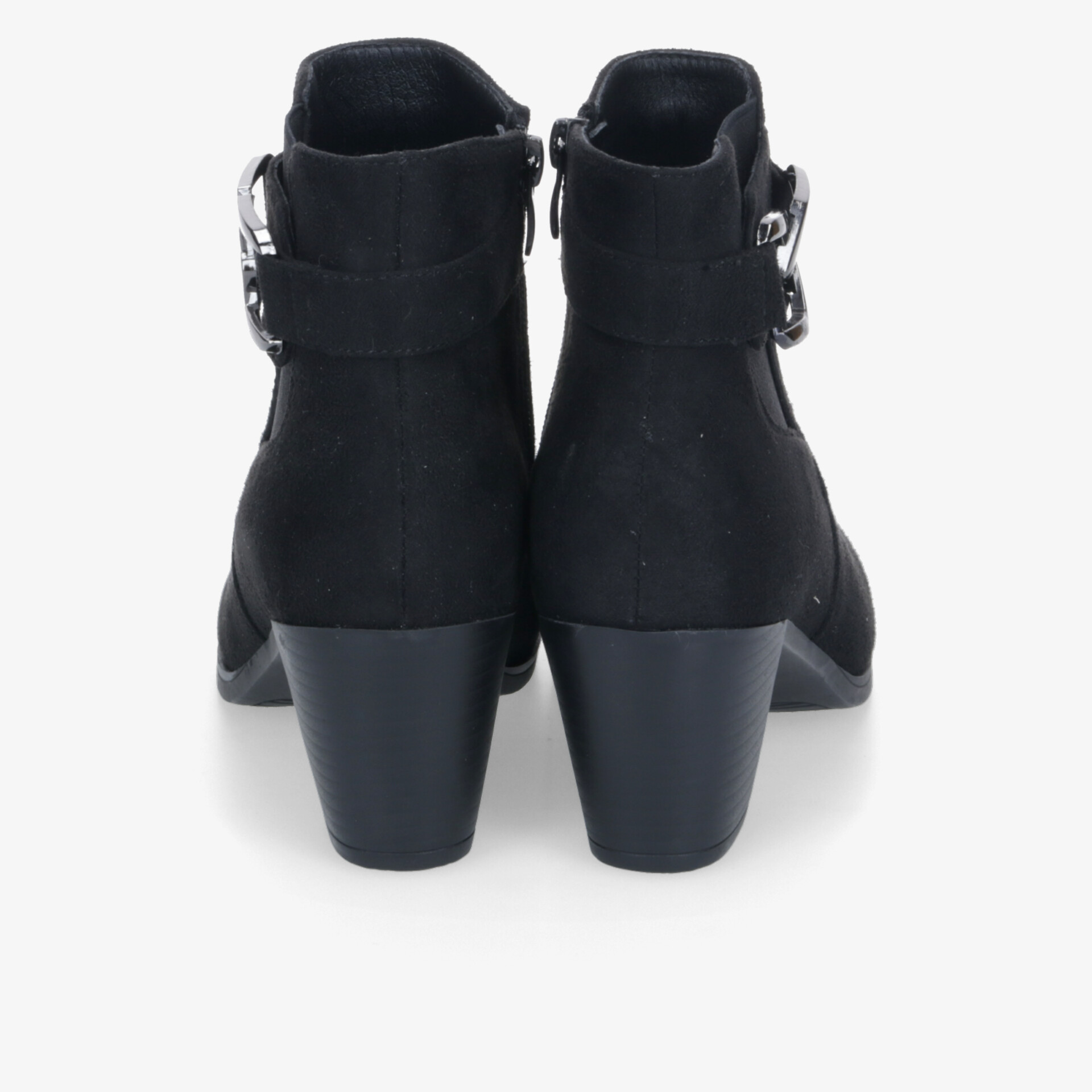 Schwarze Stiefeletten mit stabilem Blockabsatz und praktischem Reißverschluss, elegante Rückansicht