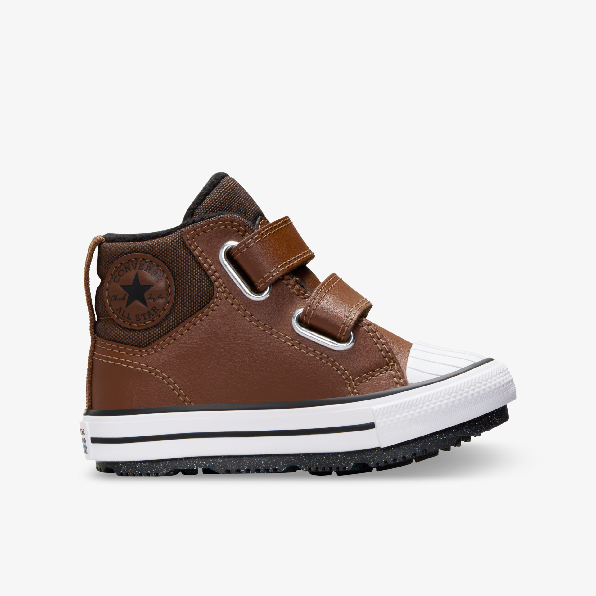 Brauner Kleinkind-Sneaker mit robustem hohen Schaft, praktischen Klettverschlüssen und rutschfester Gummisohle seitlich