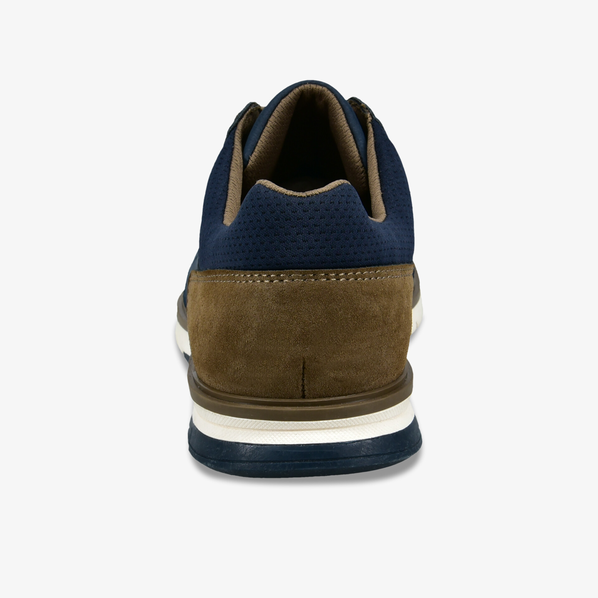 Schuh Rückansicht in Blau und Braun mit gepolstertem Schaftrand und stabiler robusten Sohle für hohen Tragekomfort