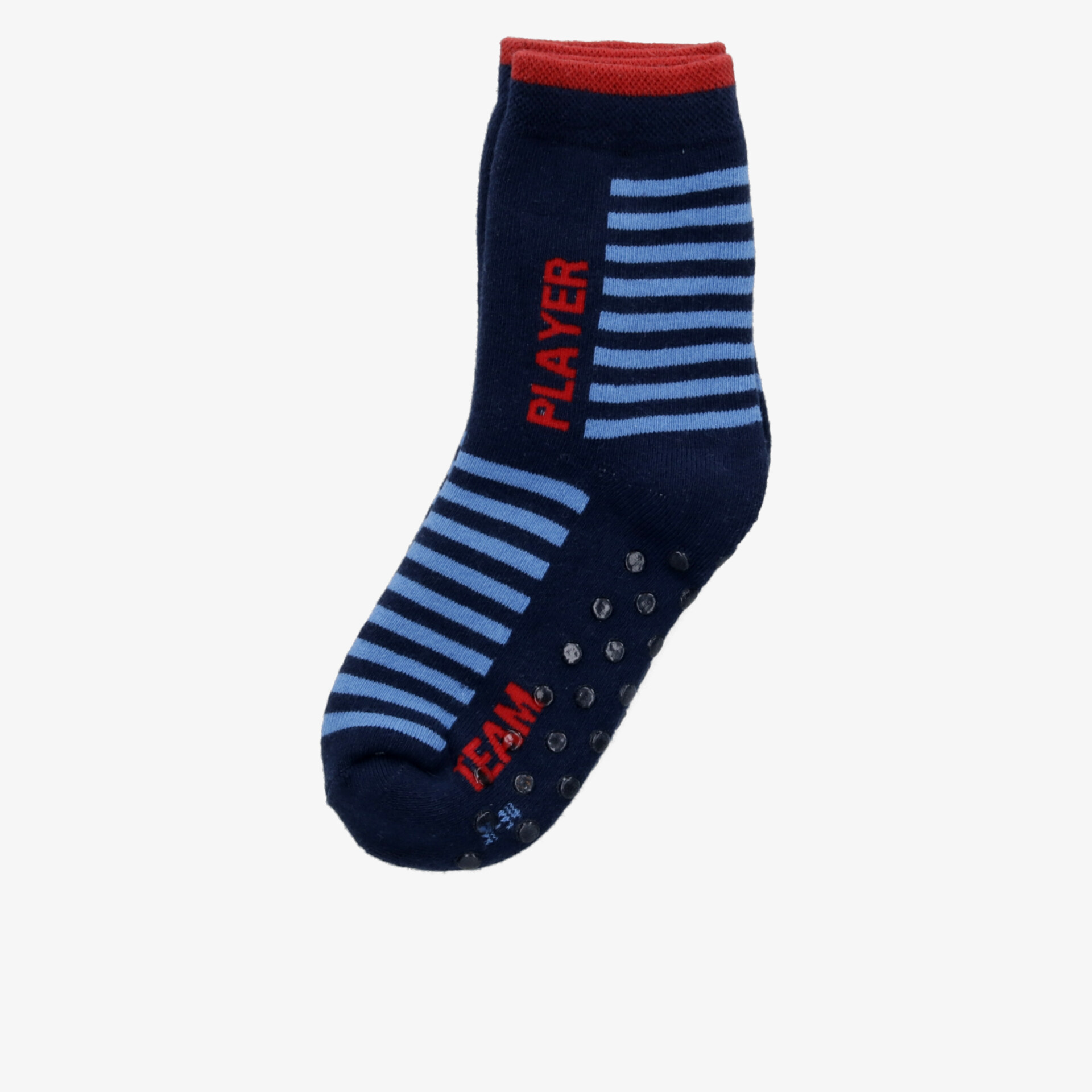 Bequeme, rutschfeste Socke mit blauem Streifendesign und rotem Schriftzug für optimalen Halt und Komfort