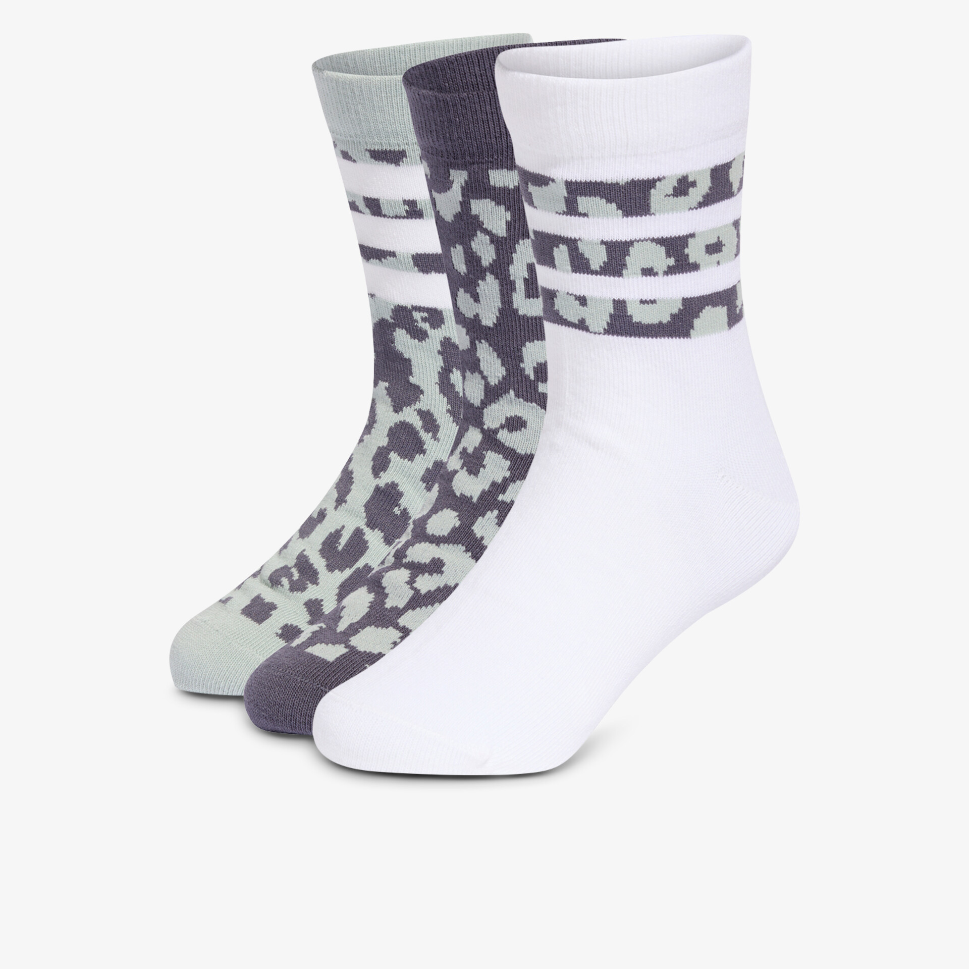 Drei sportliche Socken mit modischem Streifen- und Leopardenmuster, bequem und atmungsaktiv