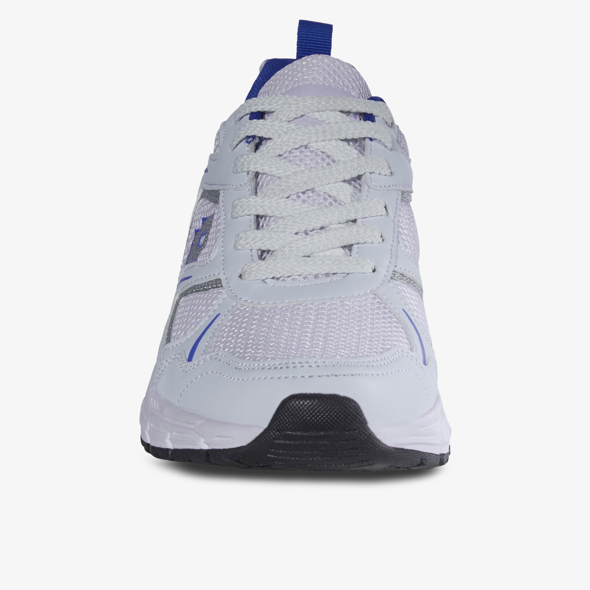 Moderner weißer Sportschuh mit blauen Akzenten und robuster Sohle für optimalen Komfort und Stil.