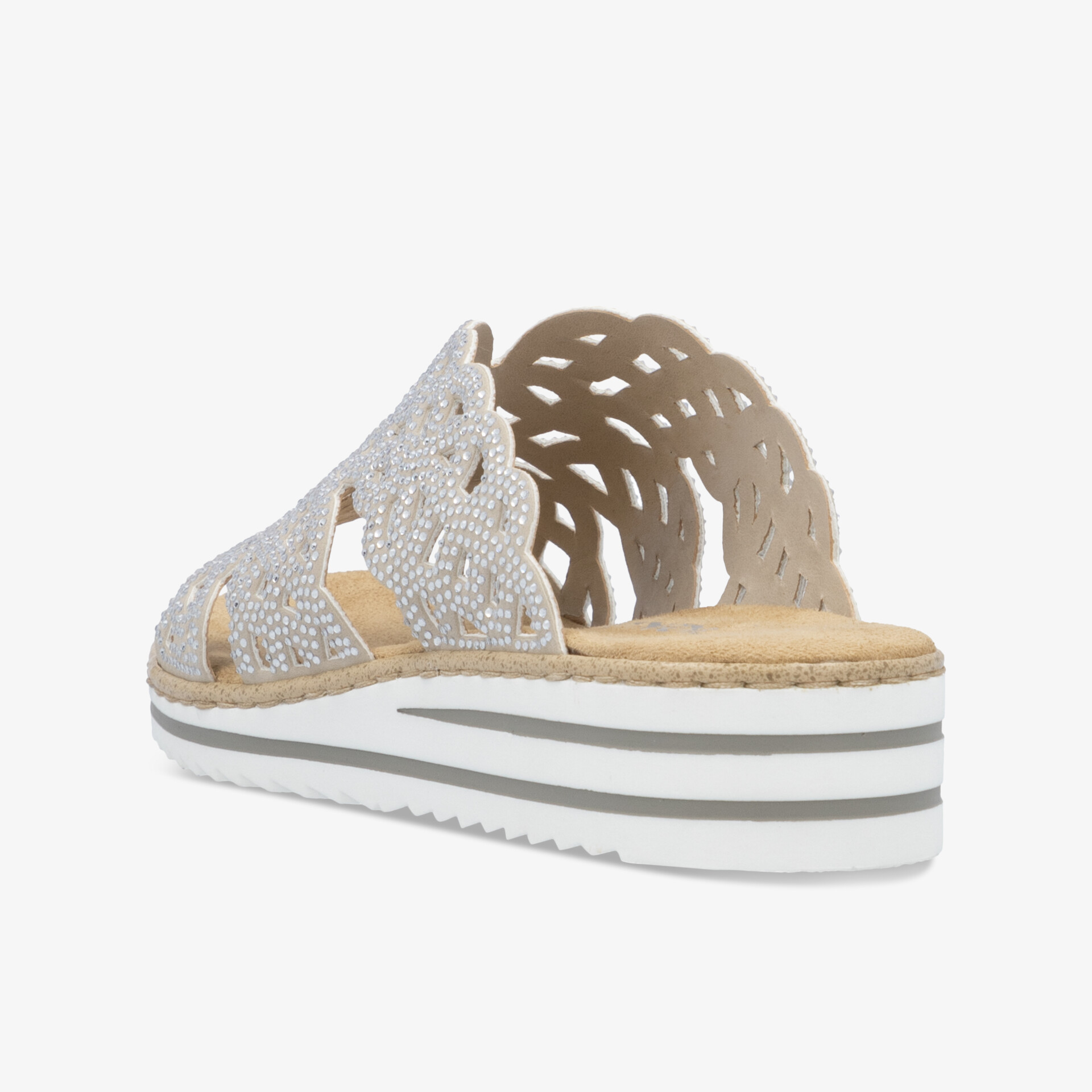 Weiße Sandale mit bequemer, profilierter Wedgesohle und atmungsaktivem Obermaterial in seitlicher Ansicht