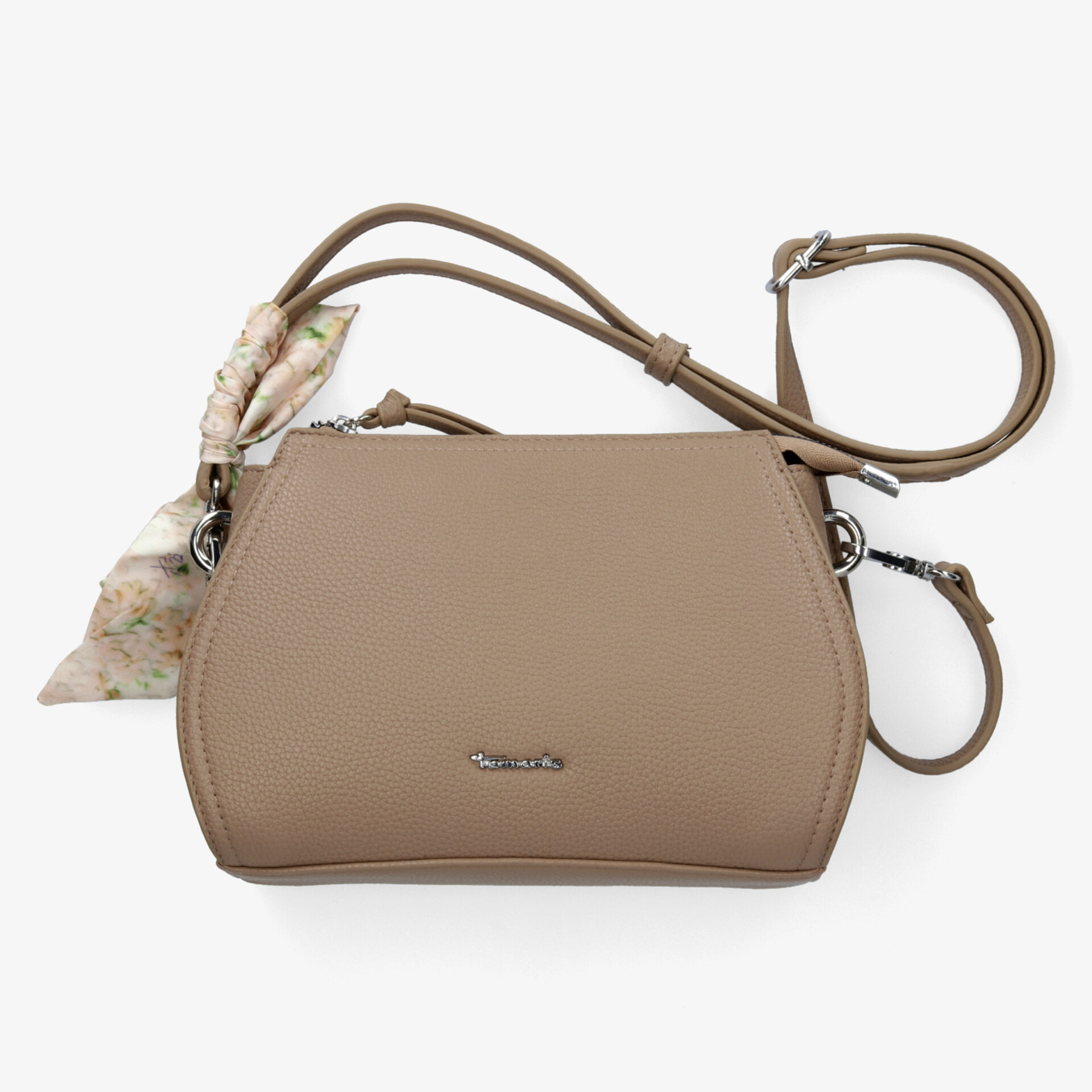 Elegante braune Umhängetasche mit floralem Akzent und verstellbarem Riemen für modische Vielseitigkeit.
