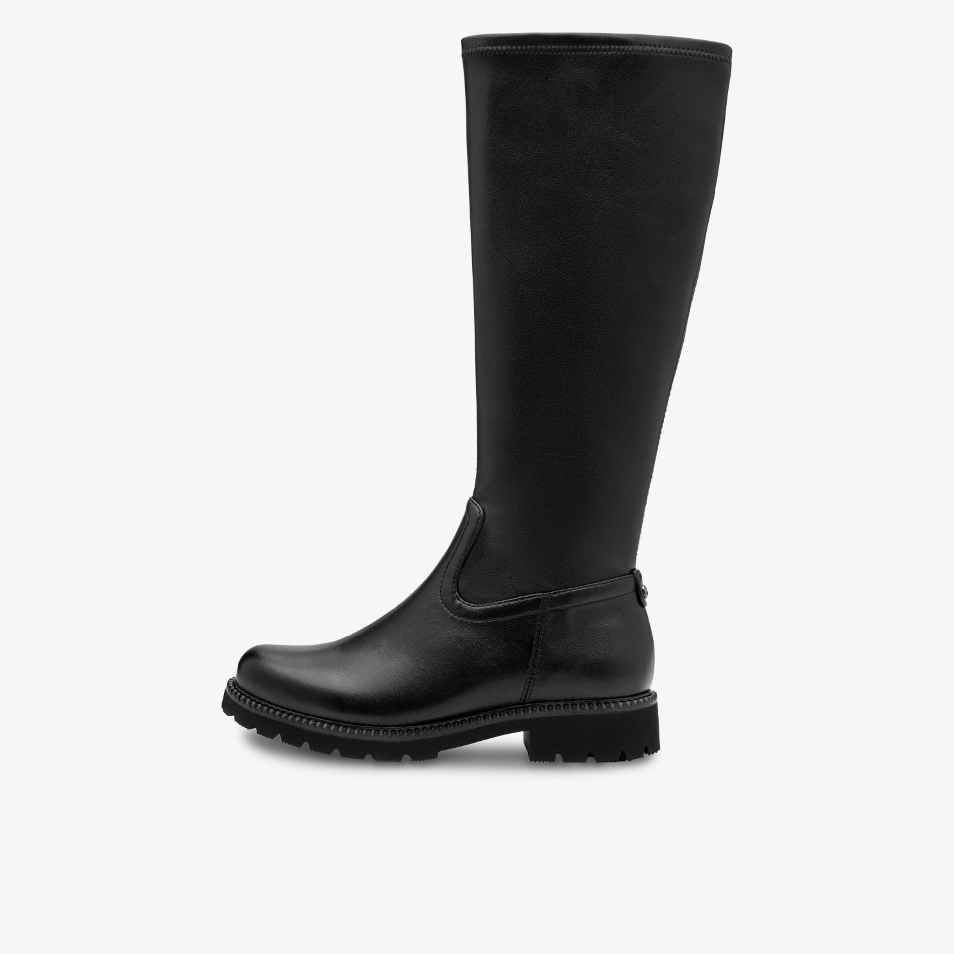 Robuster hoher schwarzer Stiefel mit rutschfester Profilsohle, klare seitliche Ansicht