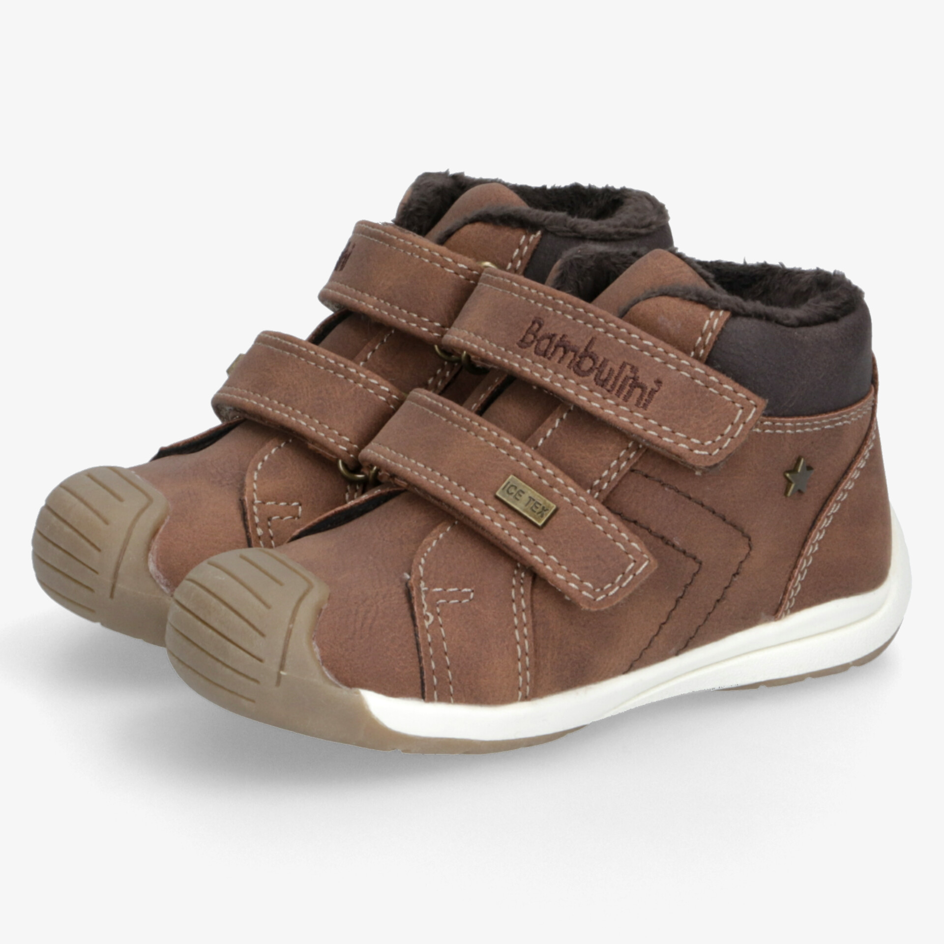 Braune Kindersneaker mit zwei Klettverschlüssen, weicher Polsterung und rutschfester, flexibler Sohle