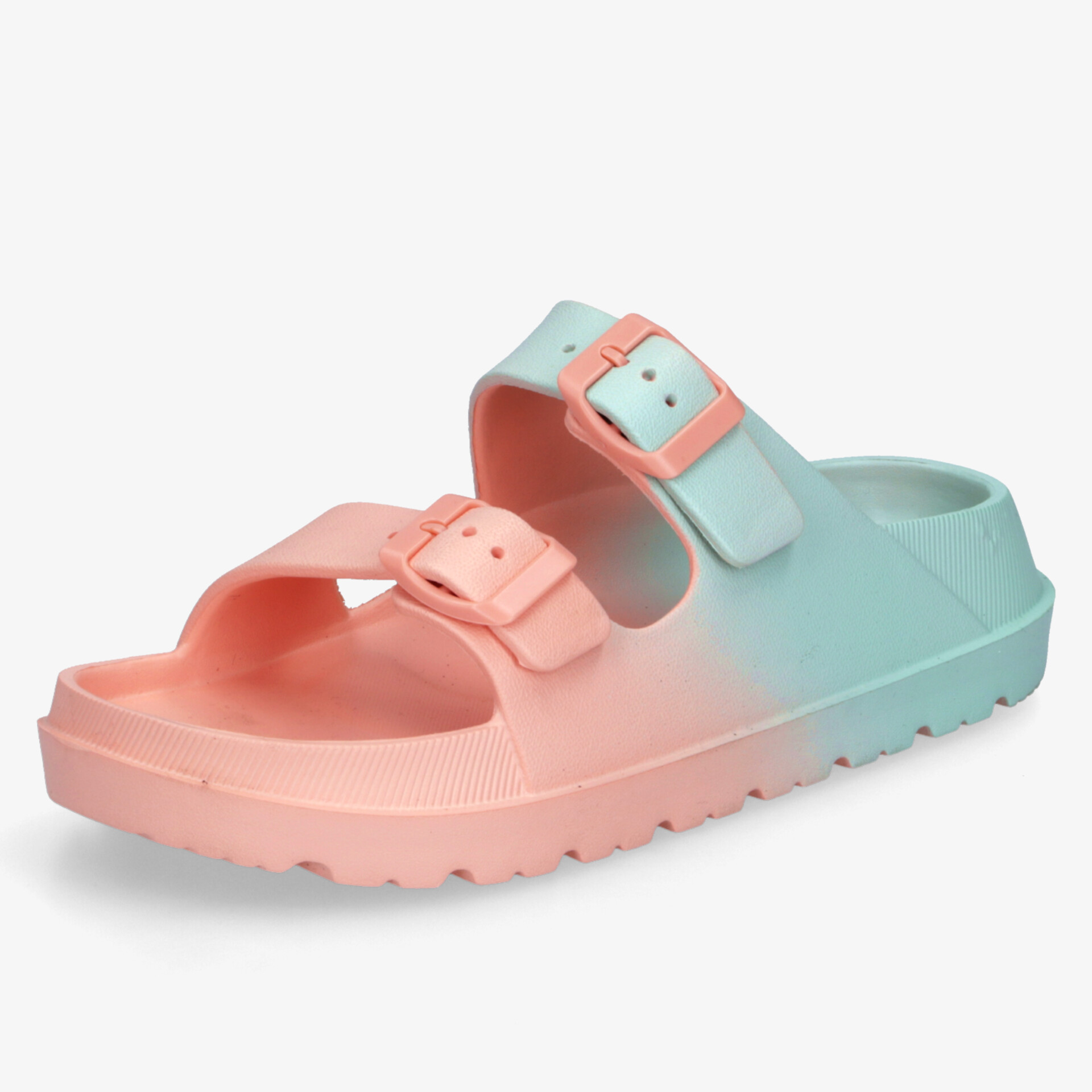 Bequemer Schuh mit verstellbaren Riemen und rutschfester Sohle in frischem Farbverlauf aus Koralle zu Hellblau