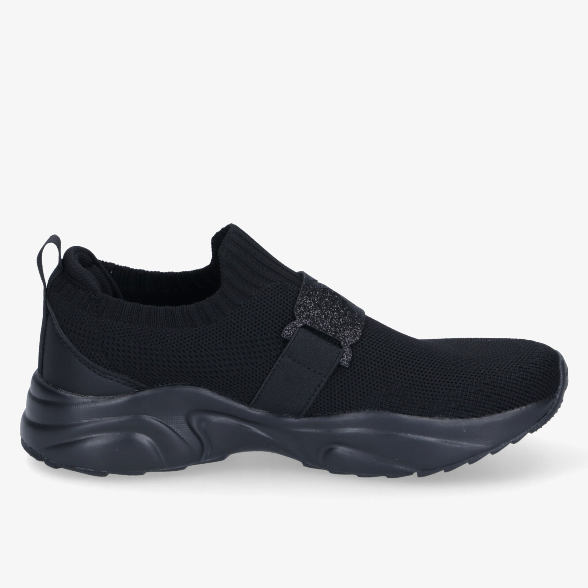 Schwarzer slip-on Sneaker mit elastischem Obermaterial und rutschfester Sohle, bequem und sportlich