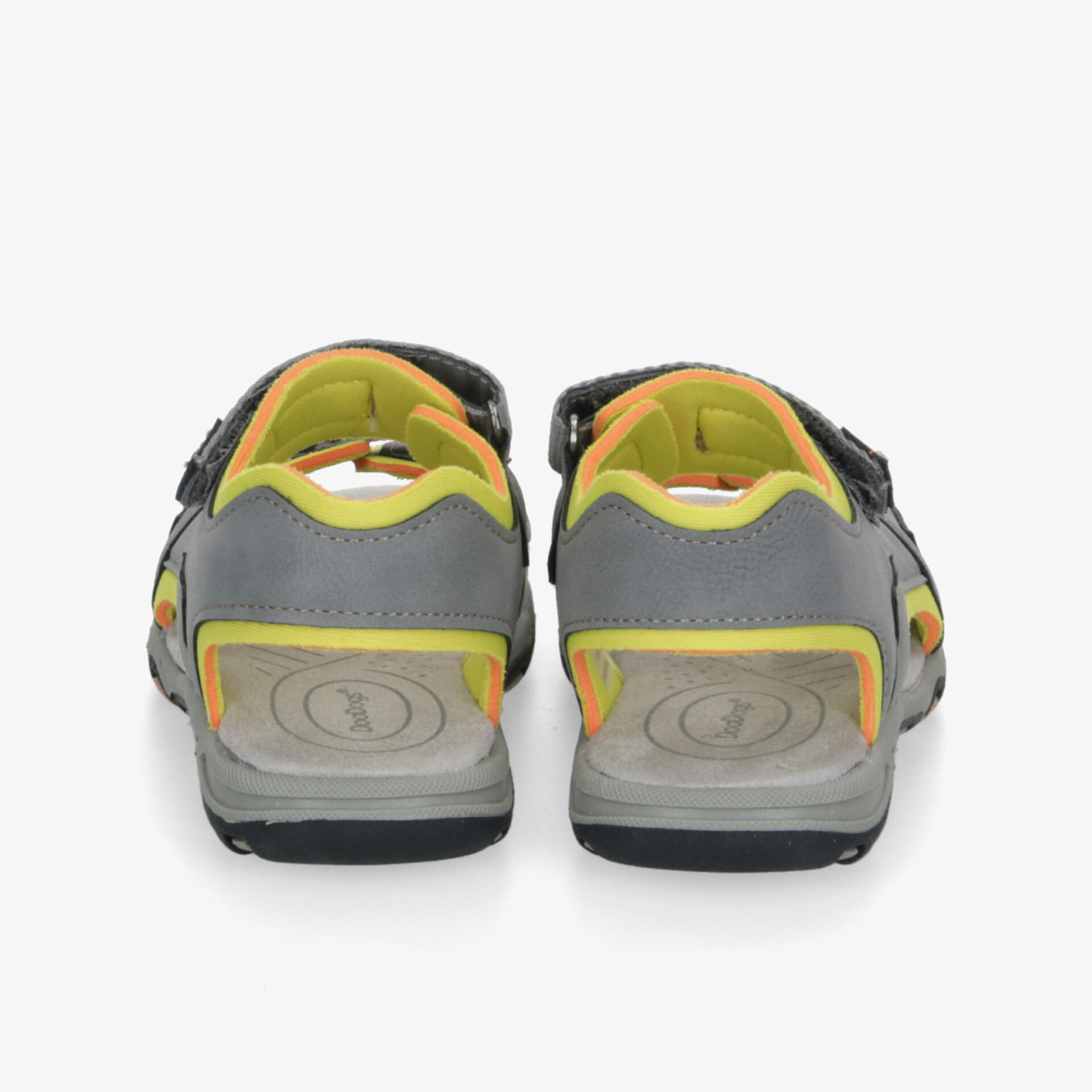 Sportliche Sandalen in Grau und Gelb, robust und verstellbar, mit komfortablem Design und rutschfester Sohle.