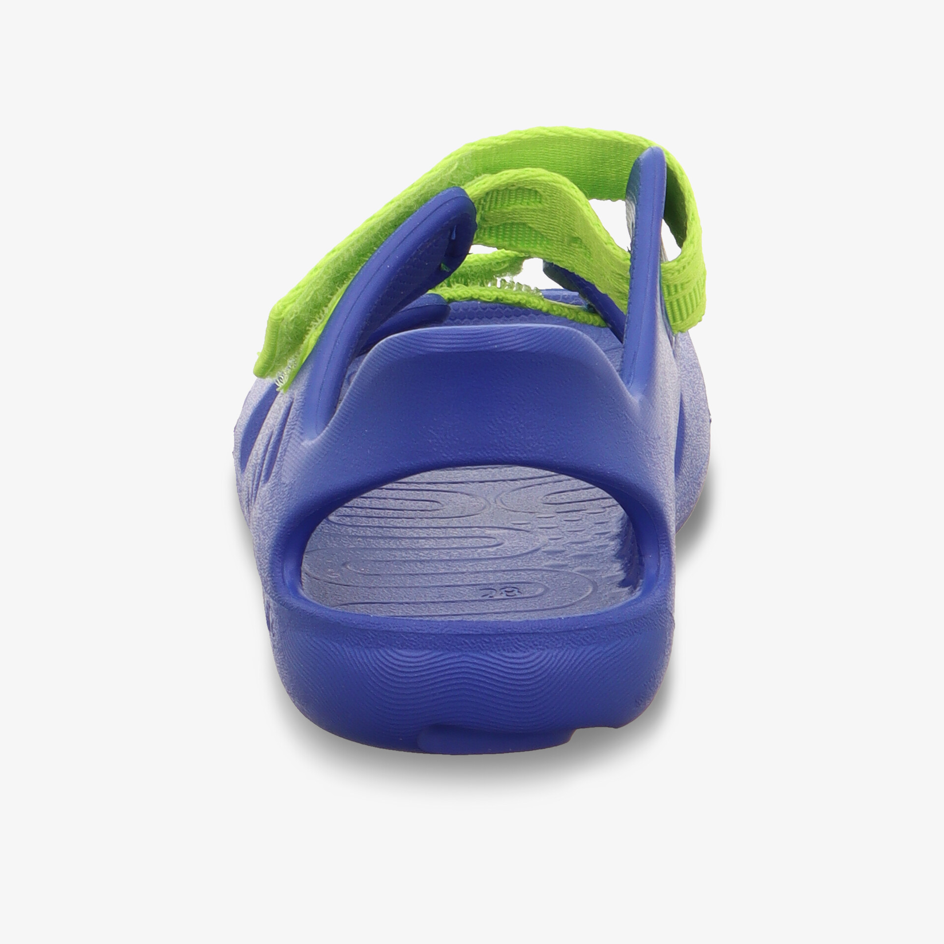 Rückansicht einer blauen und grünen Sandale mit verstellbarem Klettverschluss und ergonomischer Passform