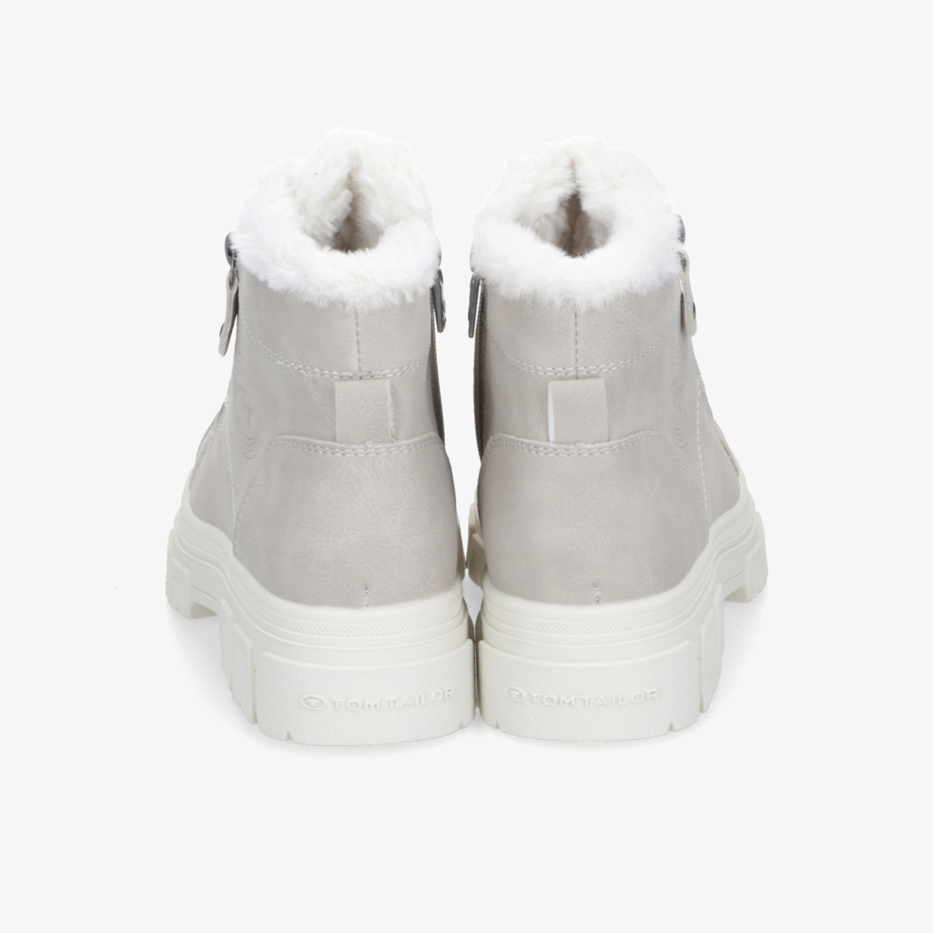 Beige Winterstiefel mit flauschiger Innenfütterung und robustem Profil, rückseitige Ansicht
