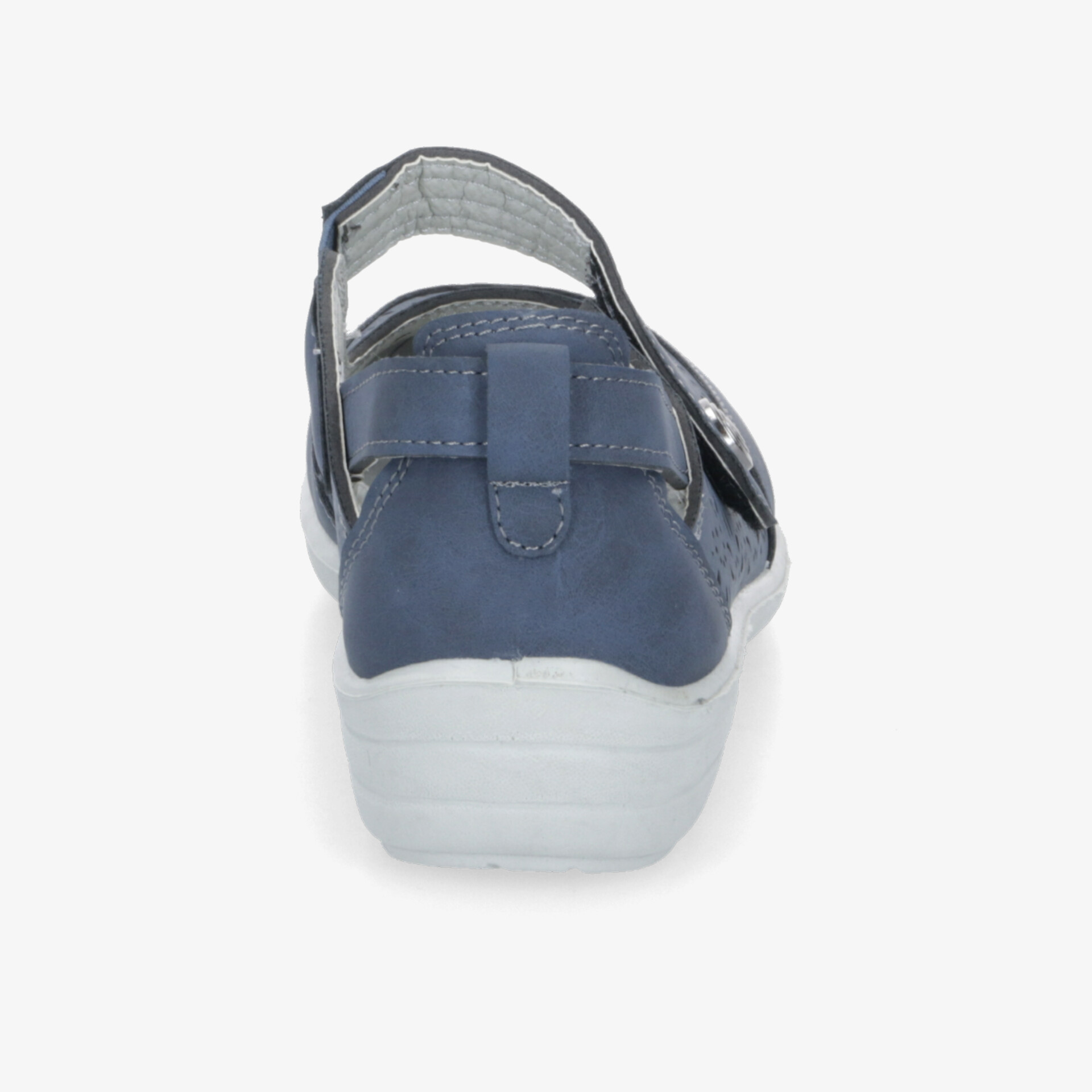 Rückansicht eines blauen Schuhs mit seitlichem Klettverschluss und weißer Sohle, bequem und stabil